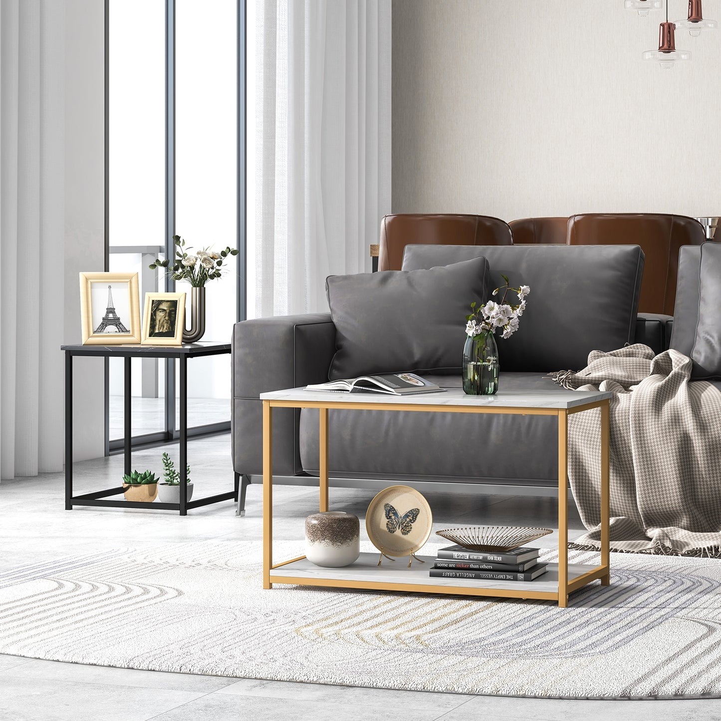Contemporary 3 Piece Nesting Table Set with Gold Metal Frame and Marble Finish