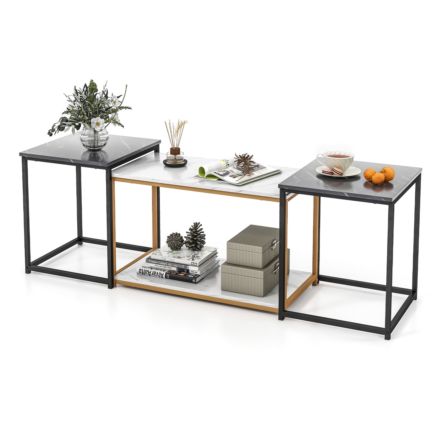 Contemporary 3 Piece Nesting Table Set with Gold Metal Frame and Marble Finish