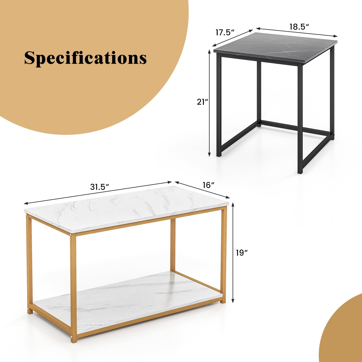 Contemporary 3 Piece Nesting Table Set with Gold Metal Frame and Marble Finish