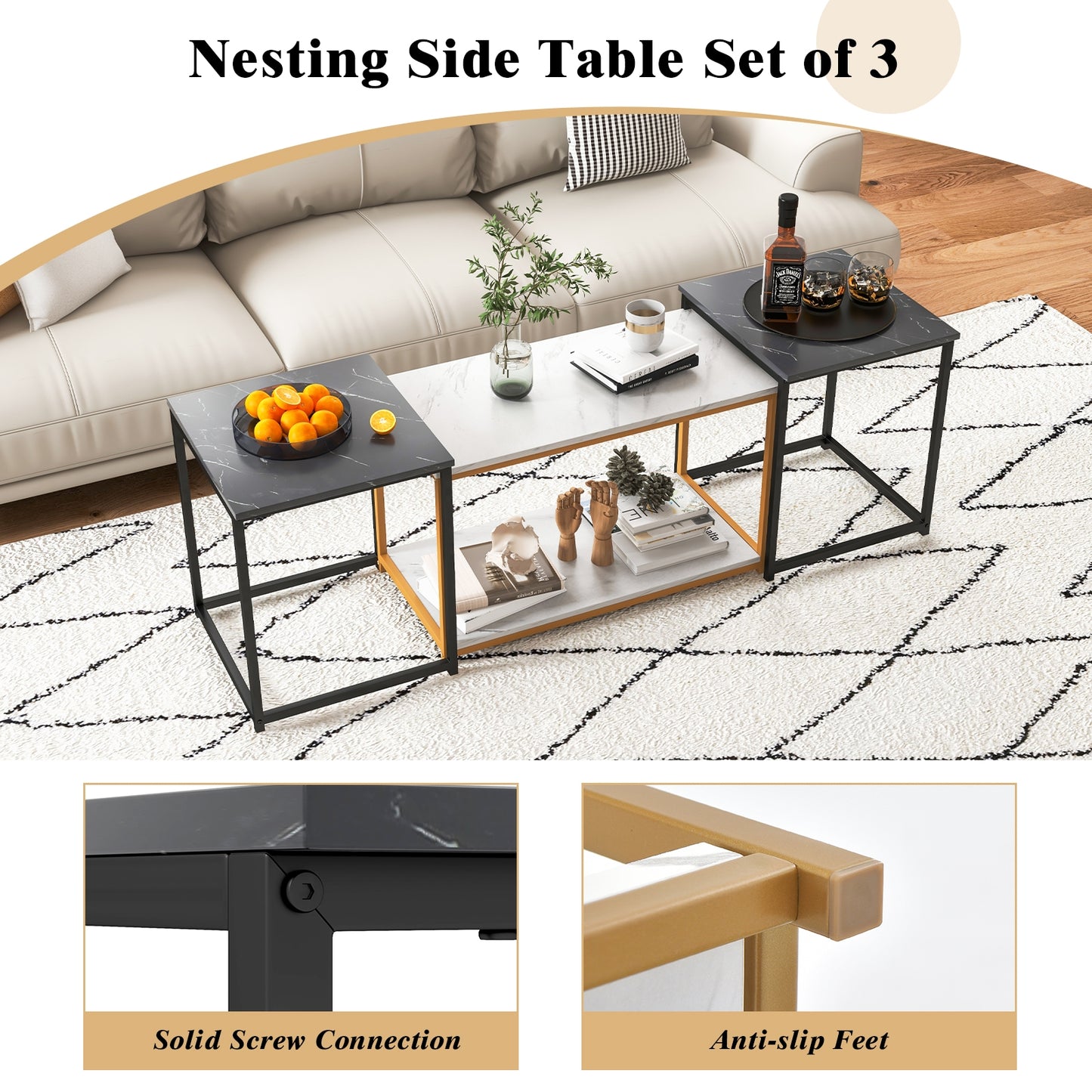 Contemporary 3 Piece Nesting Table Set with Gold Metal Frame and Marble Finish