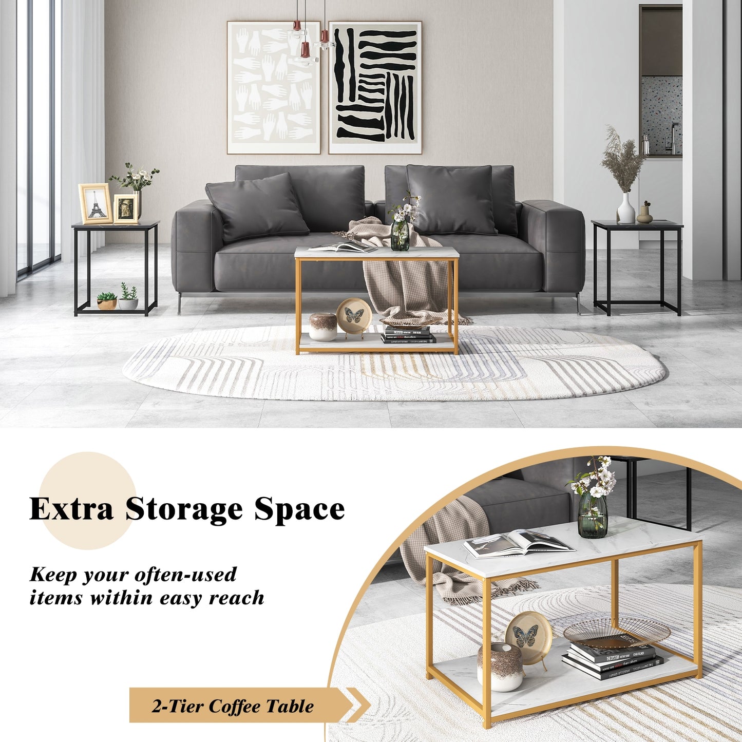 Contemporary 3 Piece Nesting Table Set with Gold Metal Frame and Marble Finish