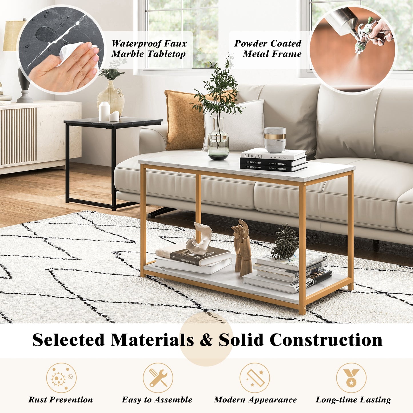 Contemporary 3 Piece Nesting Table Set with Gold Metal Frame and Marble Finish