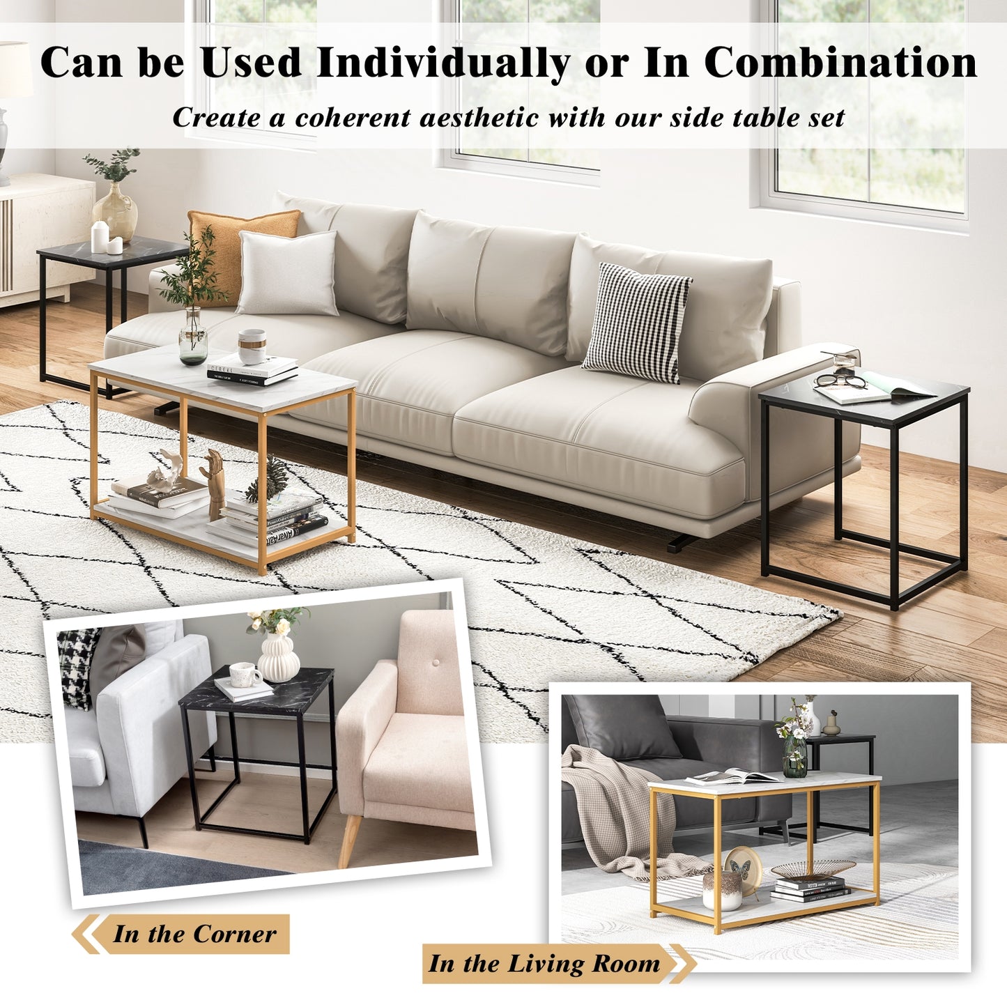 Contemporary 3 Piece Nesting Table Set with Gold Metal Frame and Marble Finish