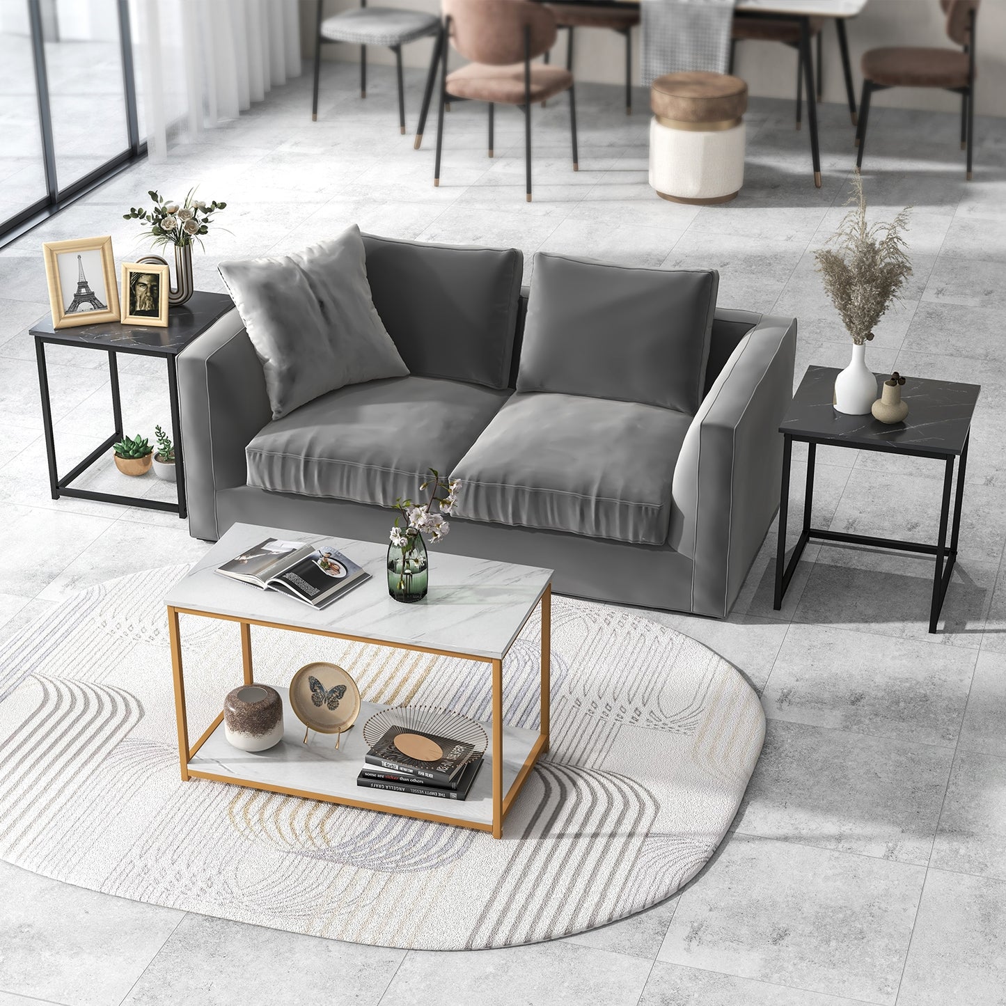 Contemporary 3 Piece Nesting Table Set with Gold Metal Frame and Marble Finish