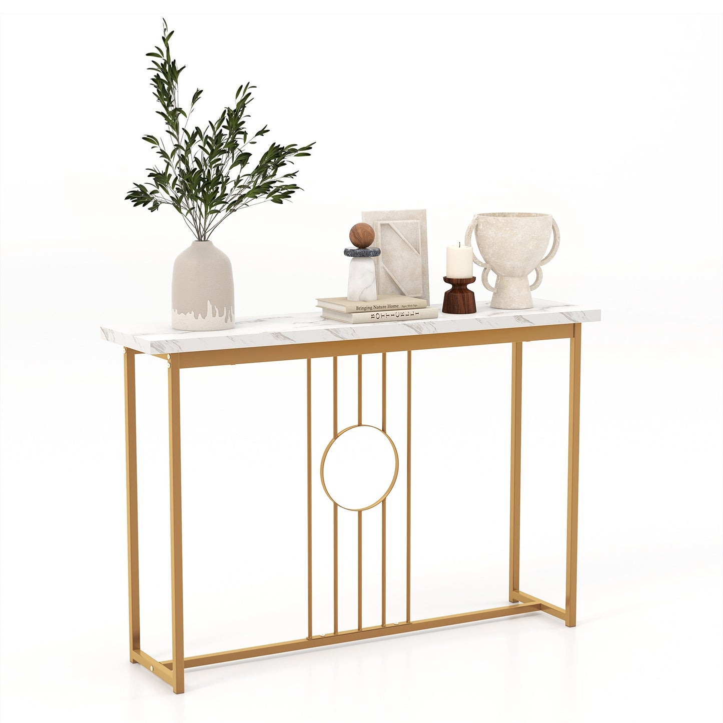 Elegant Console Table with White Faux Marble Top and Gold Legs