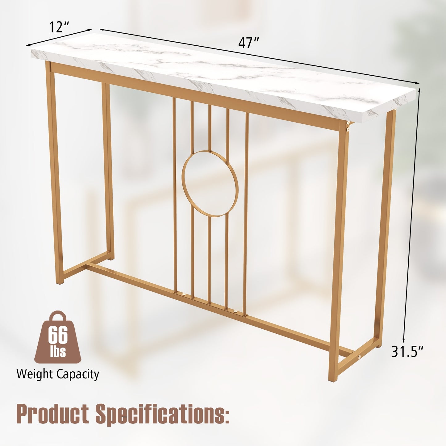 Elegant Console Table with White Faux Marble Top and Gold Legs