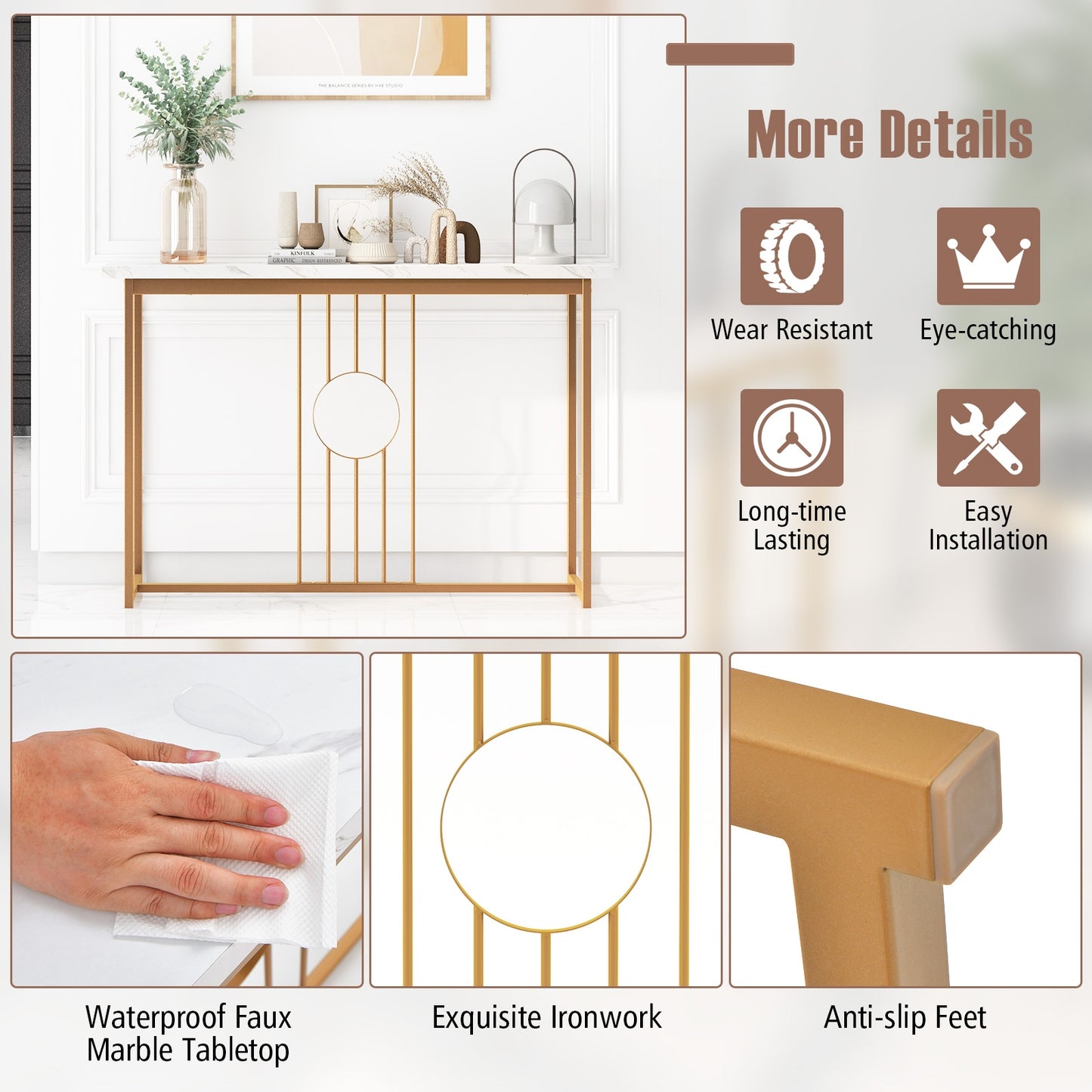 Elegant Console Table with White Faux Marble Top and Gold Legs