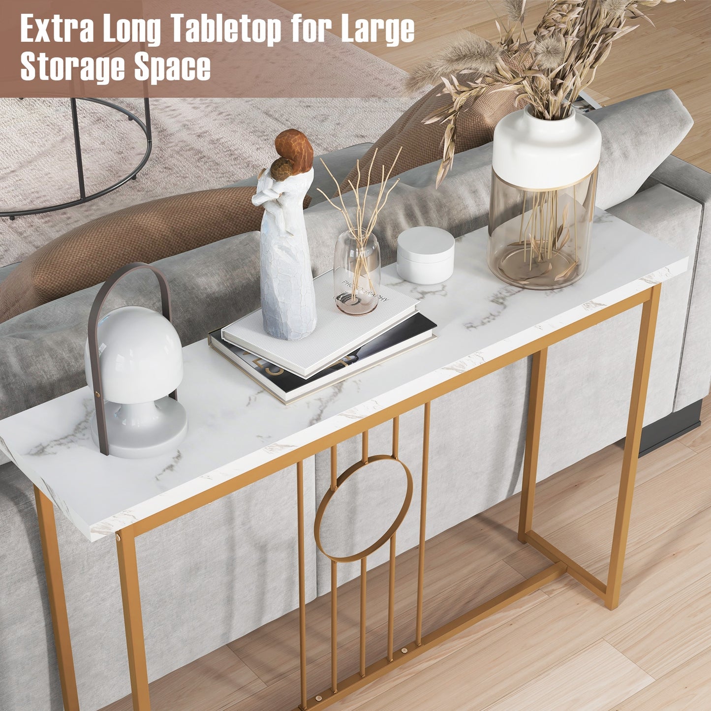 Elegant Console Table with White Faux Marble Top and Gold Legs