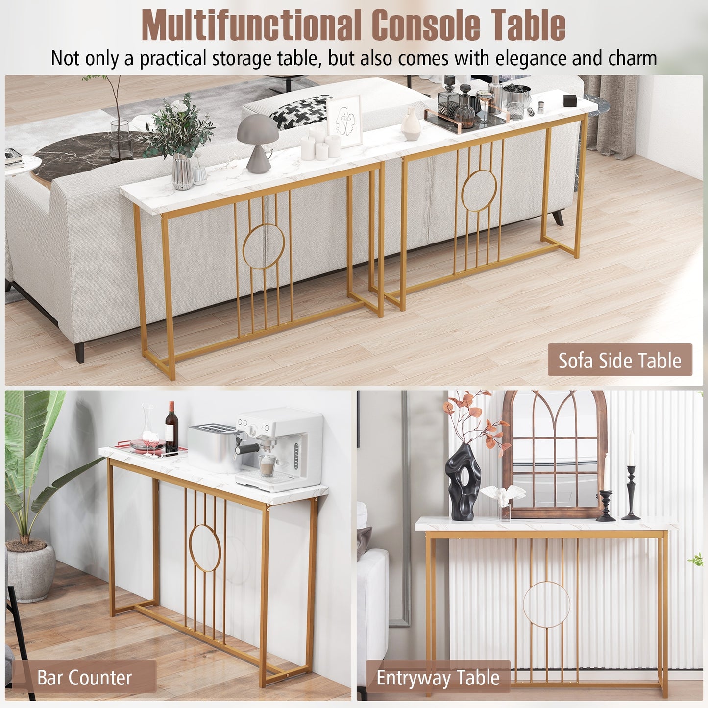 Elegant Console Table with White Faux Marble Top and Gold Legs