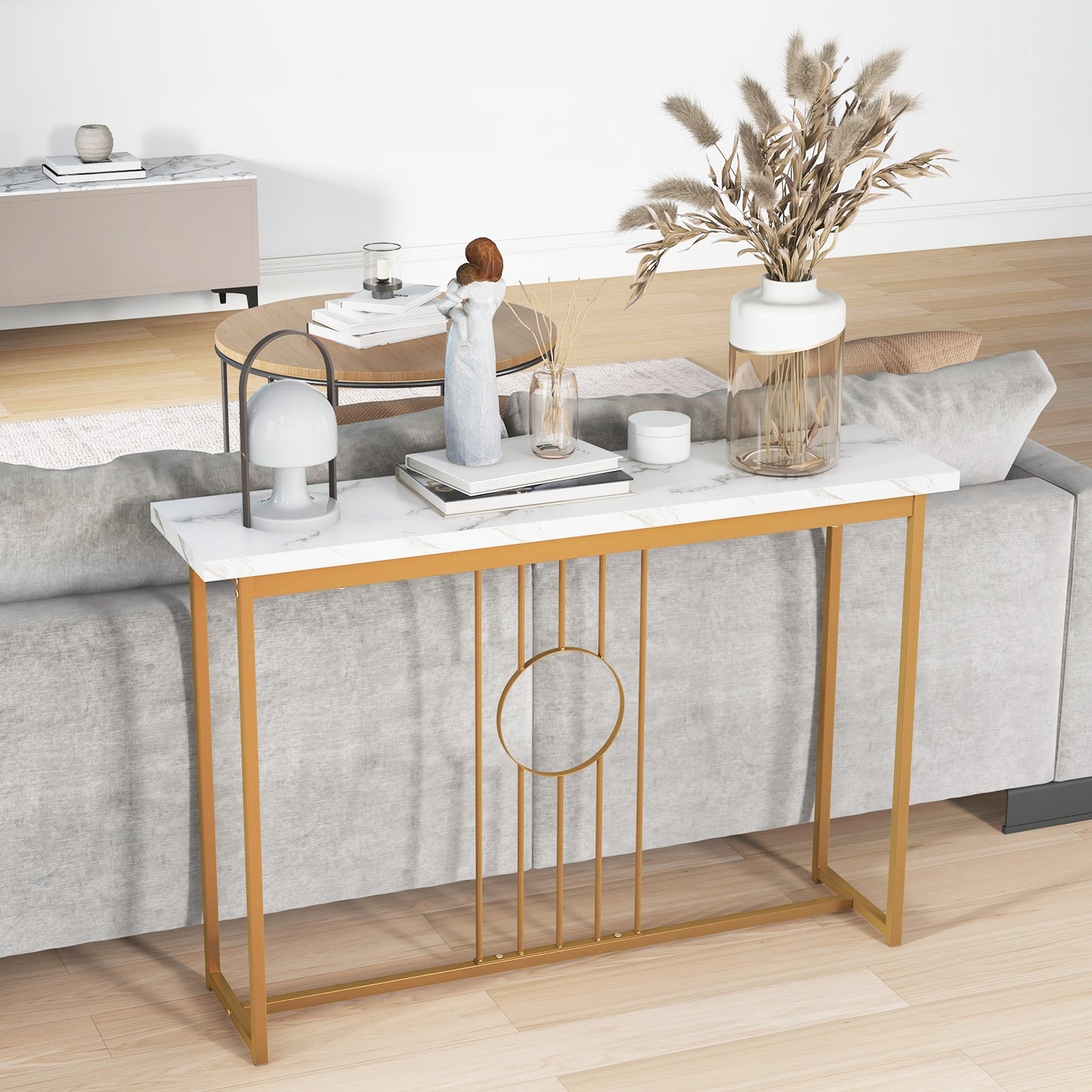 Elegant Console Table with White Faux Marble Top and Gold Legs