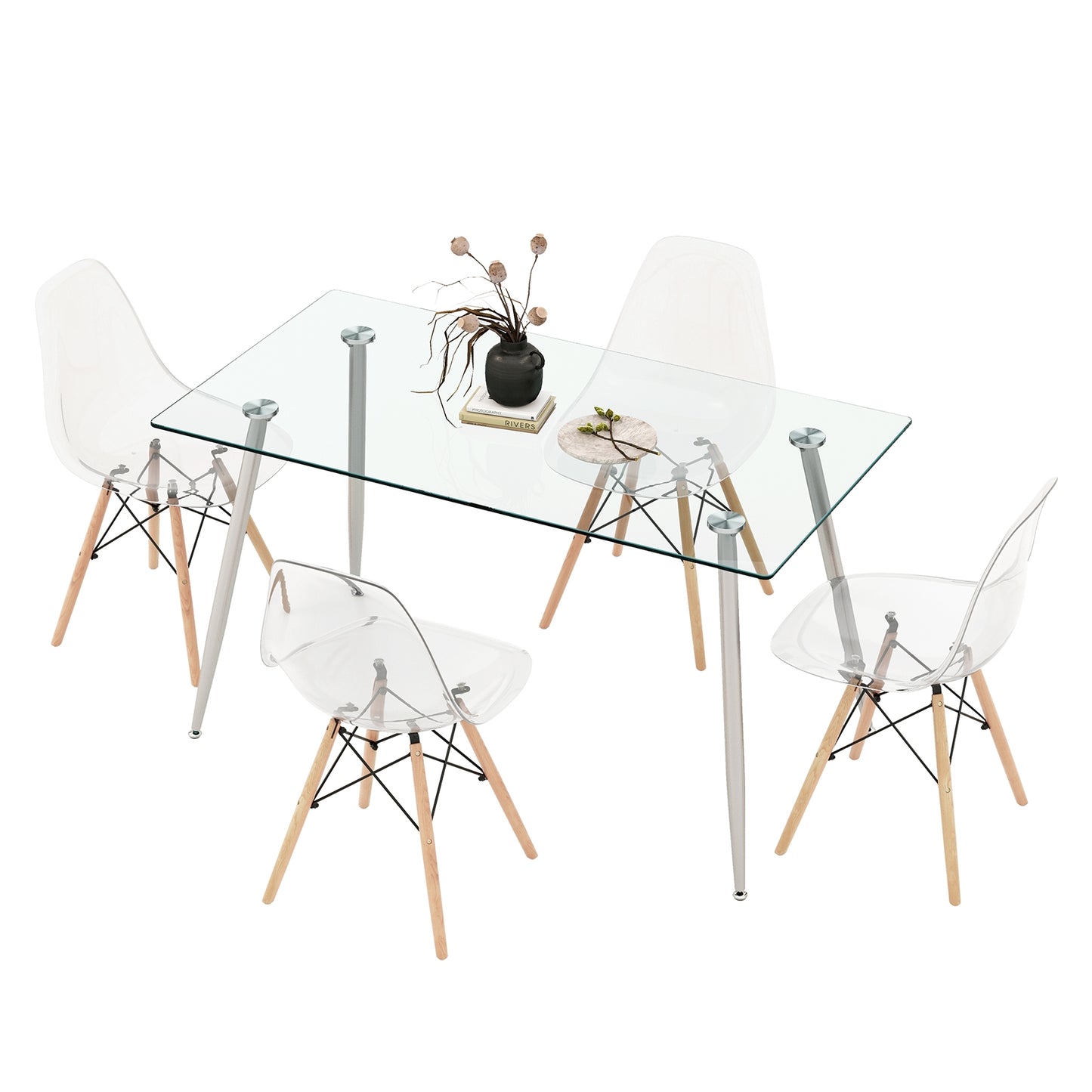 5 Piece Modern Glass Dining Table Set with 51 Inch Rectangular Table and Grey Chairs