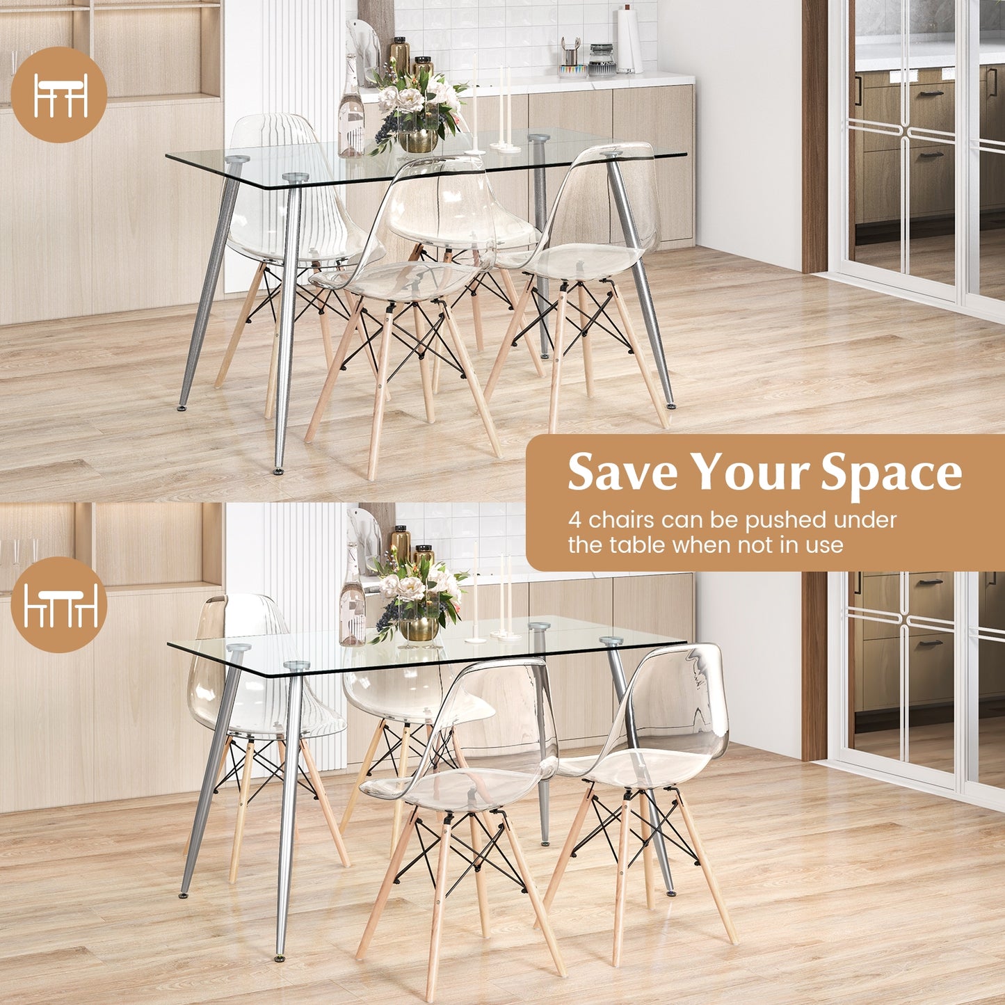 5 Piece Modern Glass Dining Table Set with 51 Inch Rectangular Table and Grey Chairs