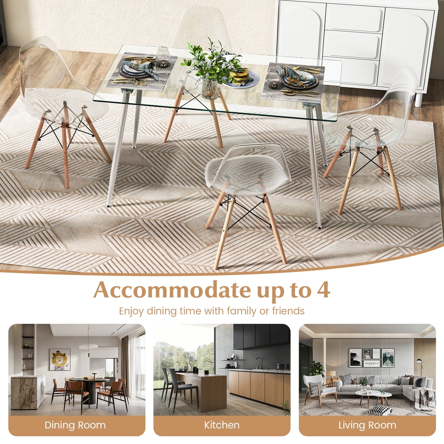5 Piece Modern Glass Dining Table Set with 51 Inch Rectangular Table and Grey Chairs