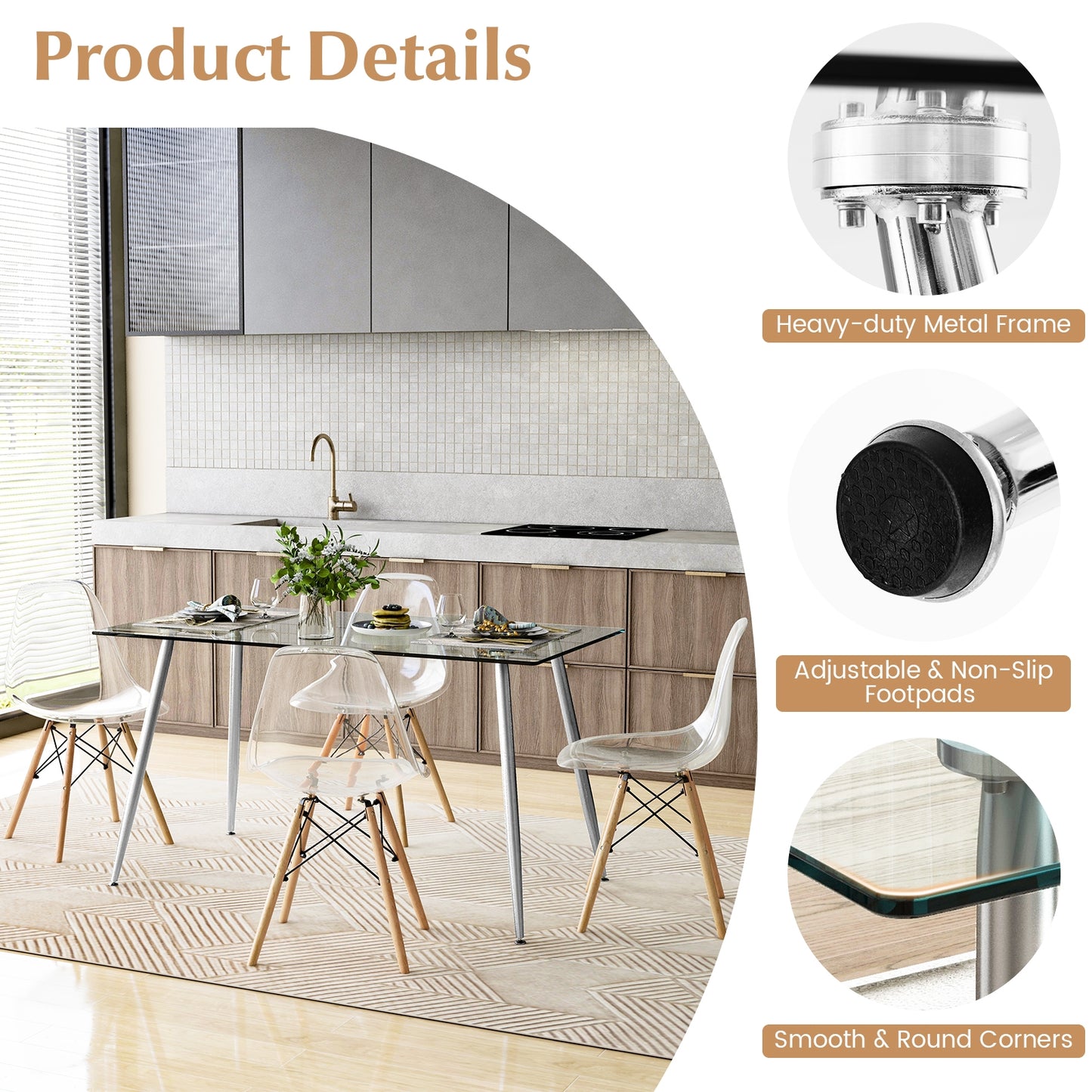 5 Piece Modern Glass Dining Table Set with 51 Inch Rectangular Table and Grey Chairs