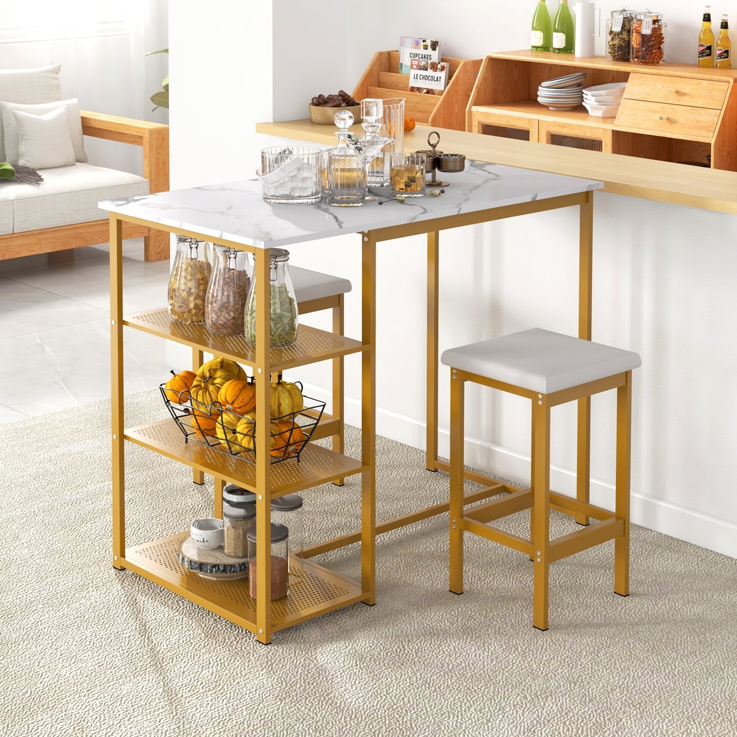 Modern 3 Piece Bar Table Set with Storage Shelves and Padded Stools for 2