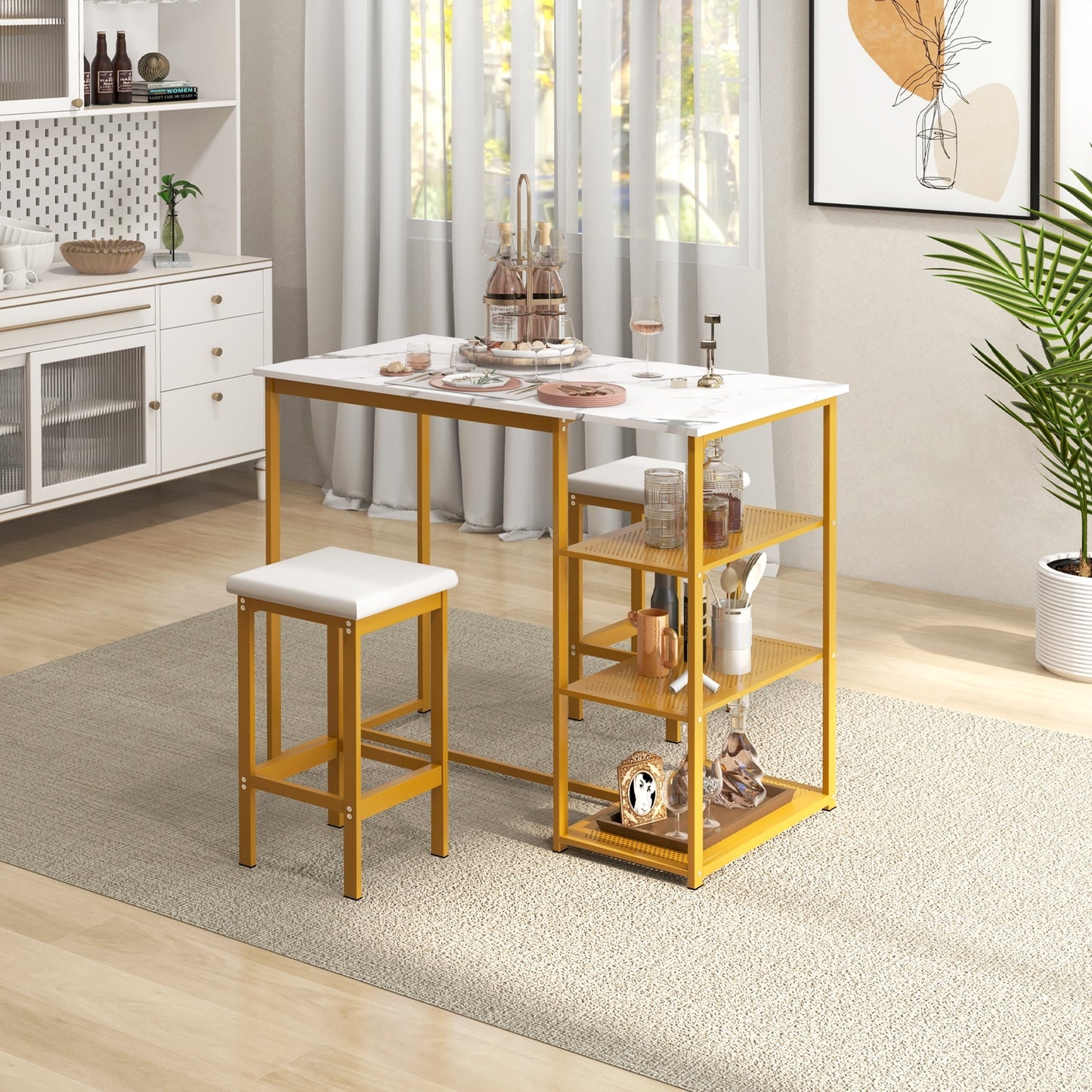 Modern 3 Piece Bar Table Set with Storage Shelves and Padded Stools for 2