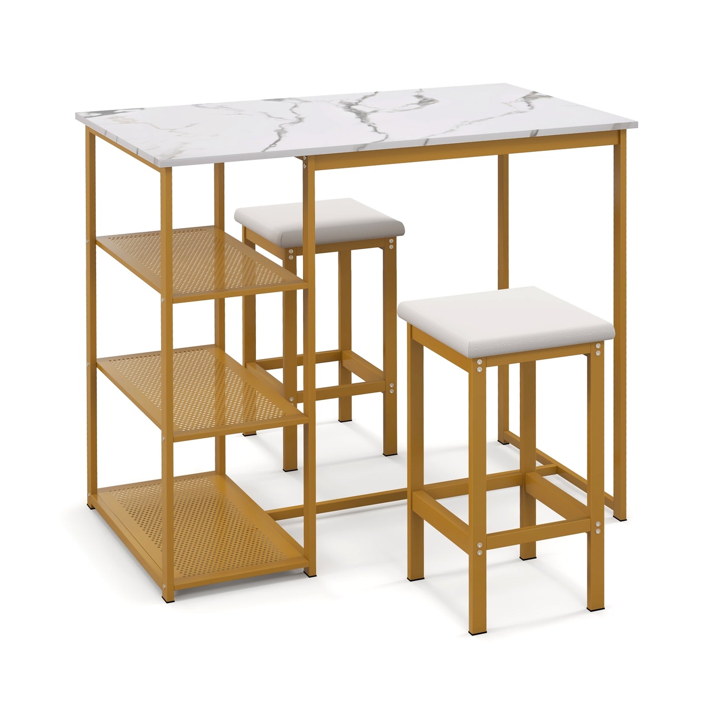 Modern 3 Piece Bar Table Set with Storage Shelves and Padded Stools for 2