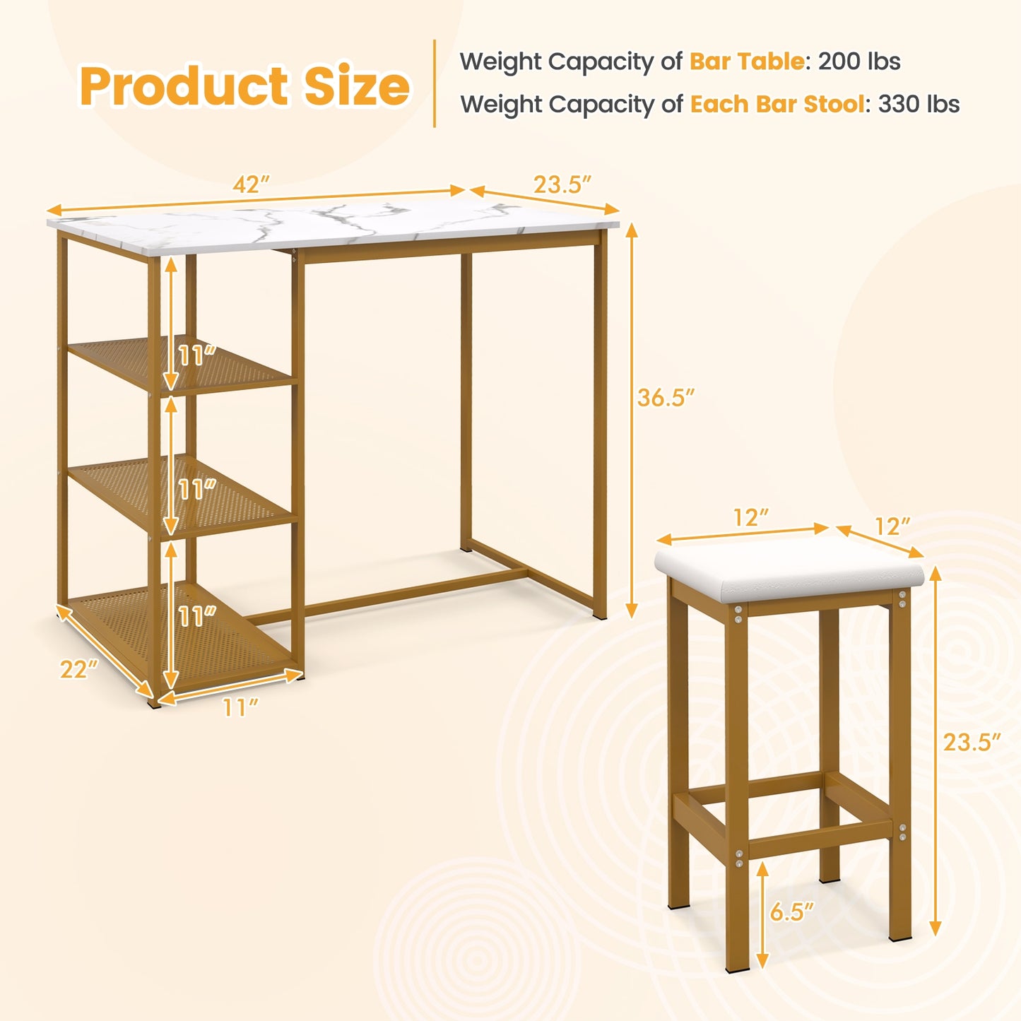 Modern 3 Piece Bar Table Set with Storage Shelves and Padded Stools for 2