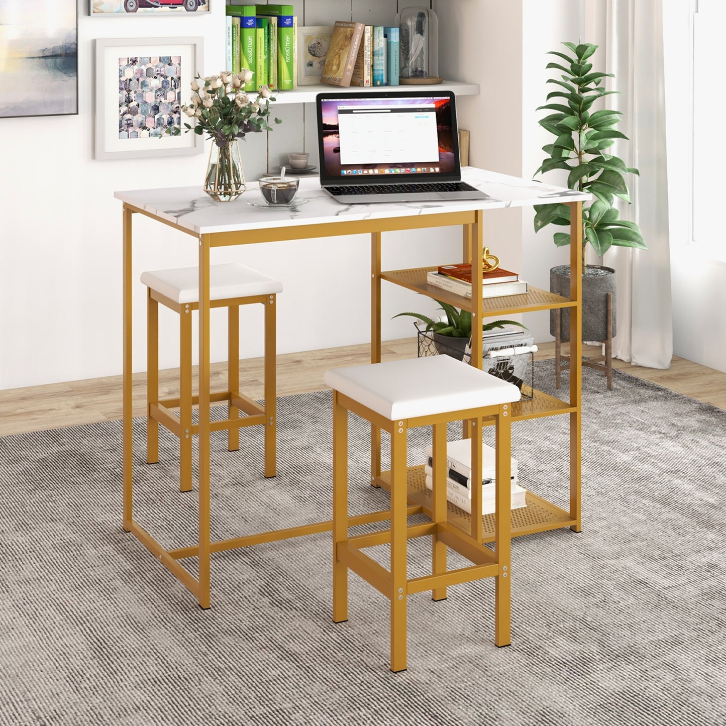 Modern 3 Piece Bar Table Set with Storage Shelves and Padded Stools for 2