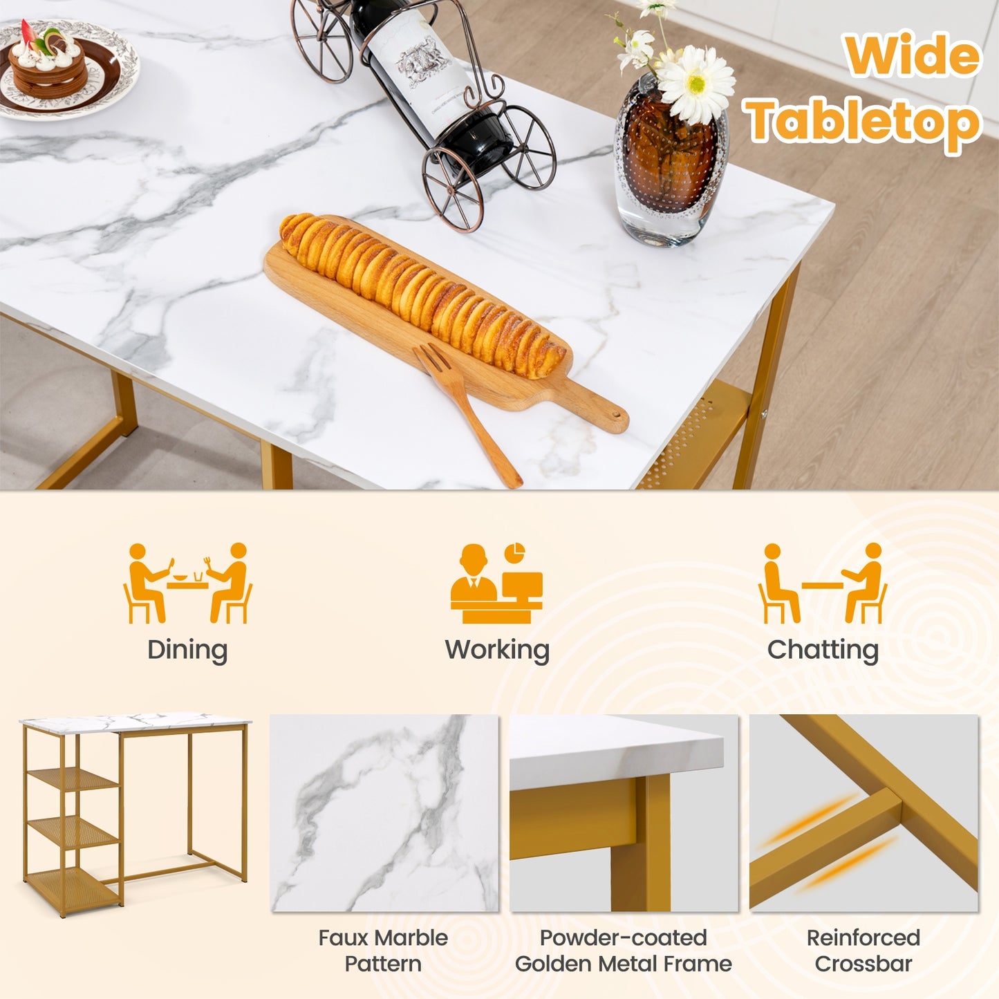 Modern 3 Piece Bar Table Set with Storage Shelves and Padded Stools for 2