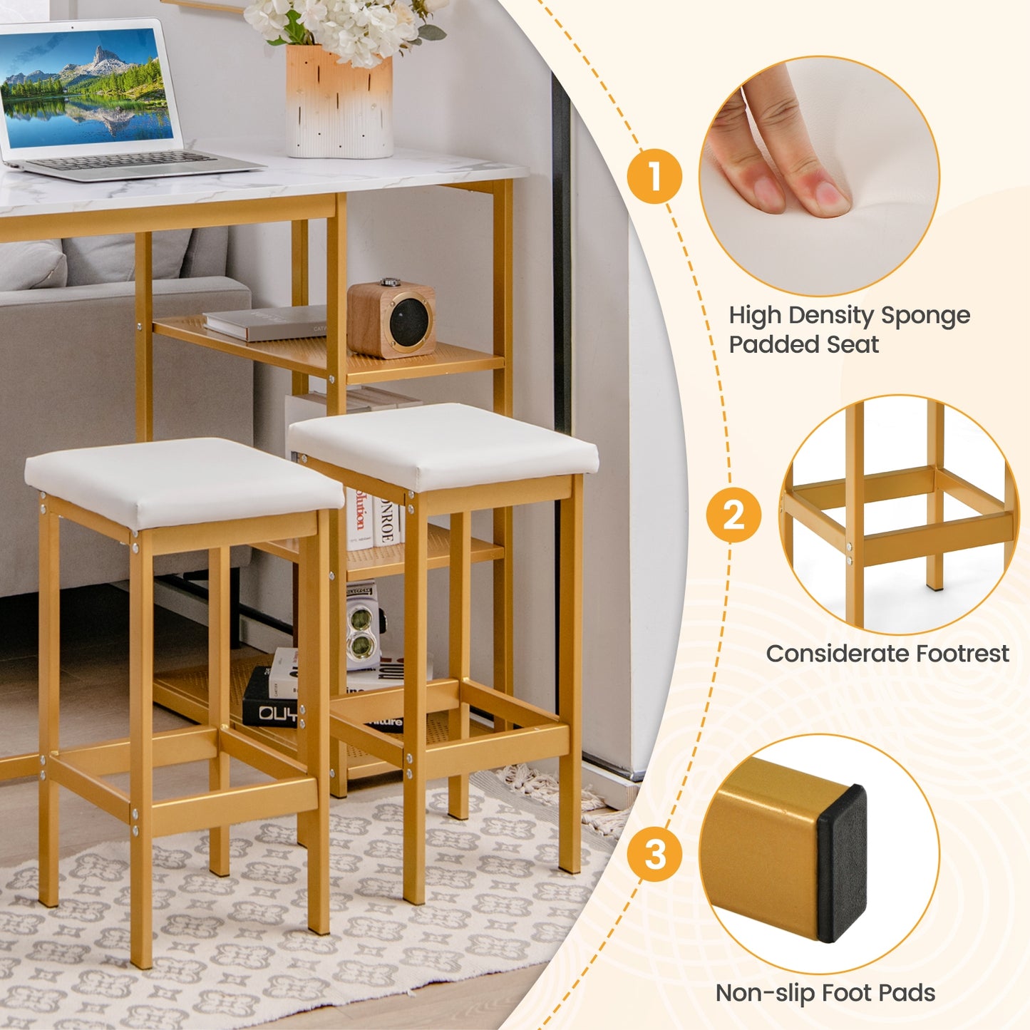 Modern 3 Piece Bar Table Set with Storage Shelves and Padded Stools for 2