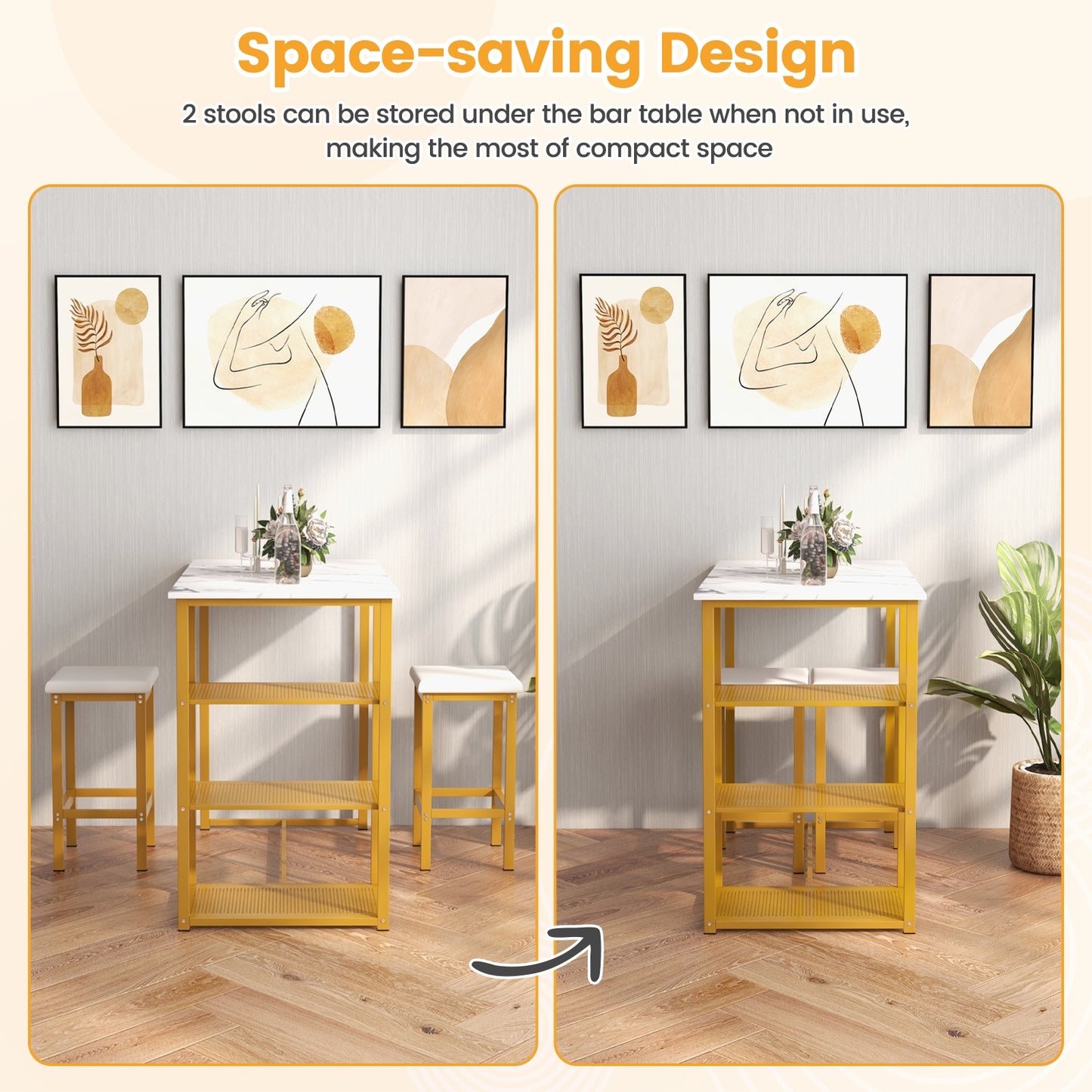 Modern 3 Piece Bar Table Set with Storage Shelves and Padded Stools for 2