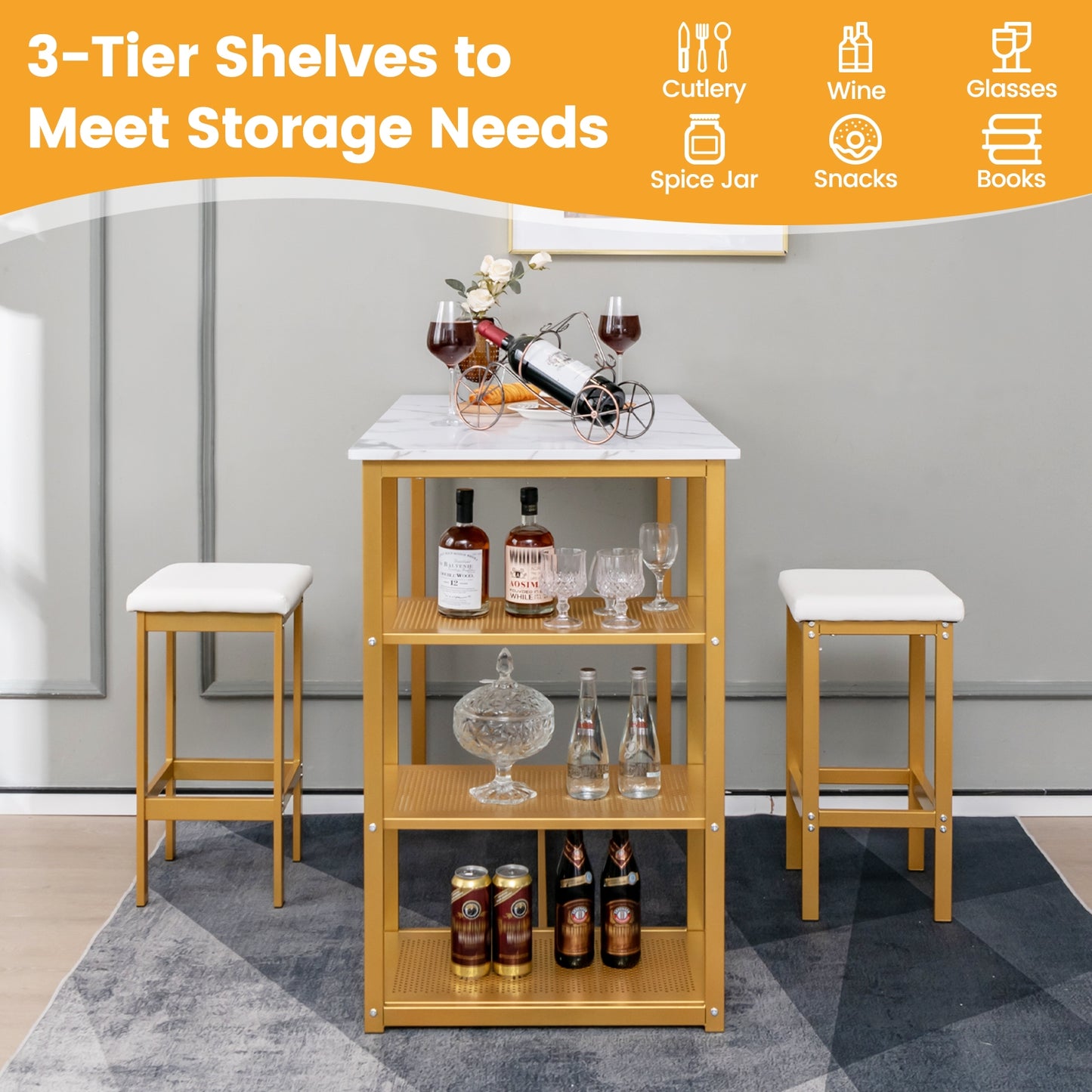 Modern 3 Piece Bar Table Set with Storage Shelves and Padded Stools for 2