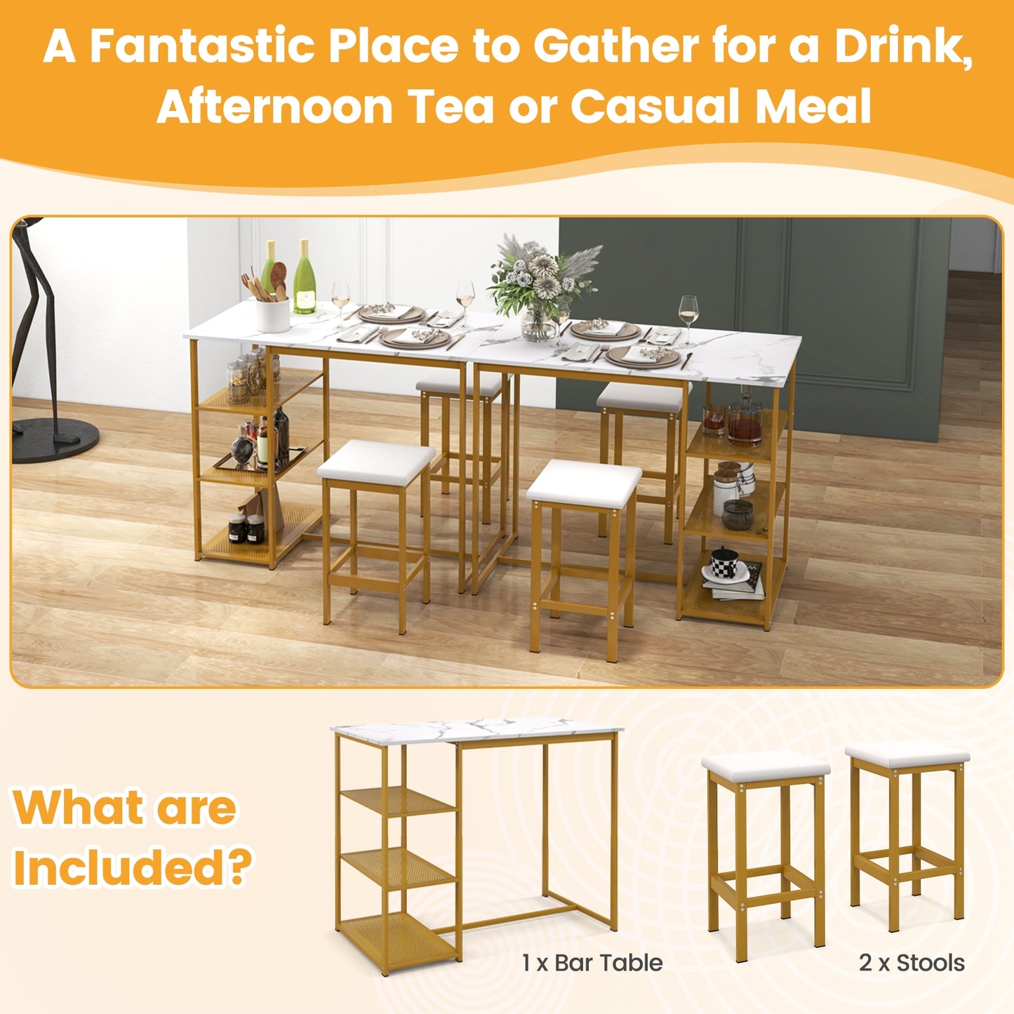 Modern 3 Piece Bar Table Set with Storage Shelves and Padded Stools for 2