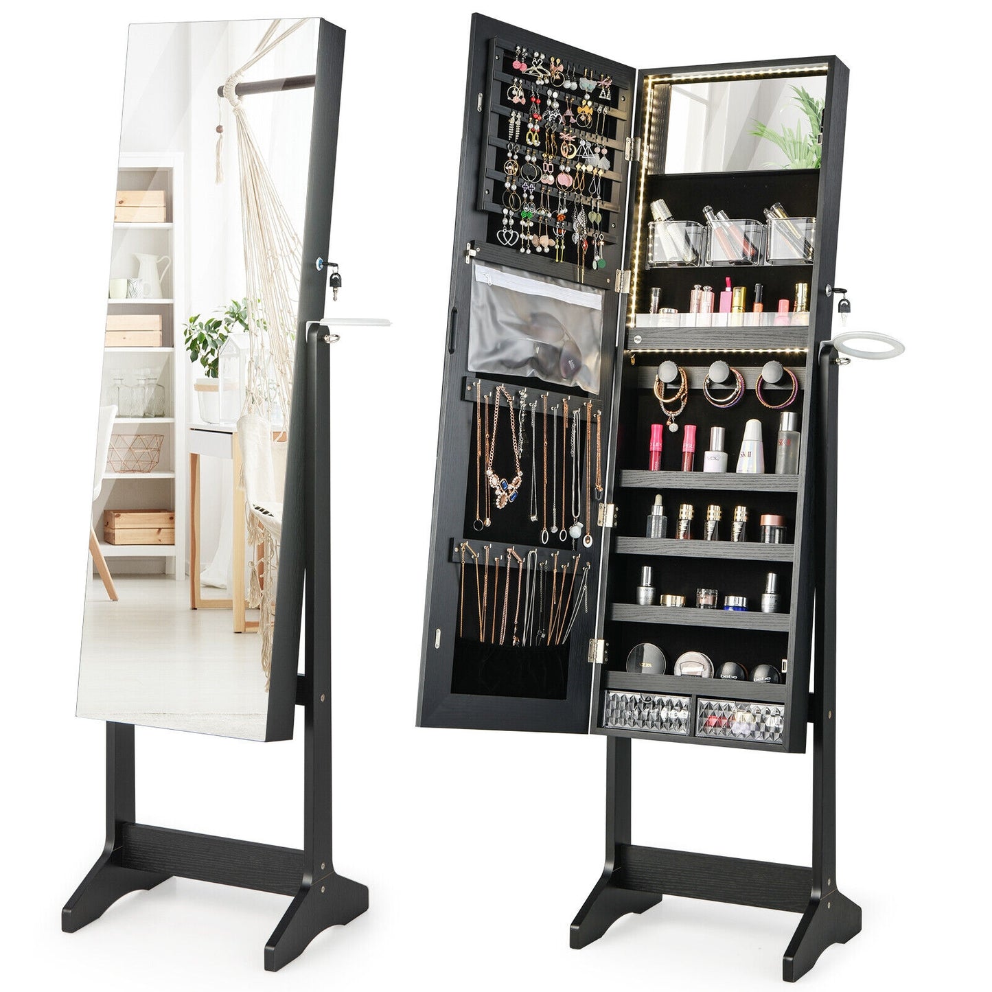 Freestanding Jewelry Armoire with Mirror, LED Lights and Lockable Storage – Black