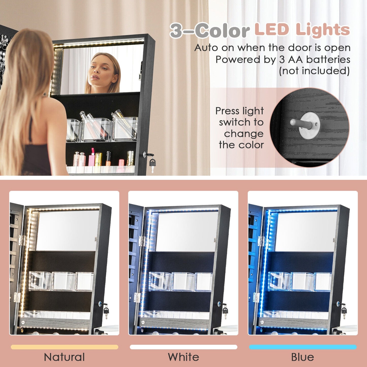 Freestanding Jewelry Armoire with Mirror, LED Lights and Lockable Storage – Black