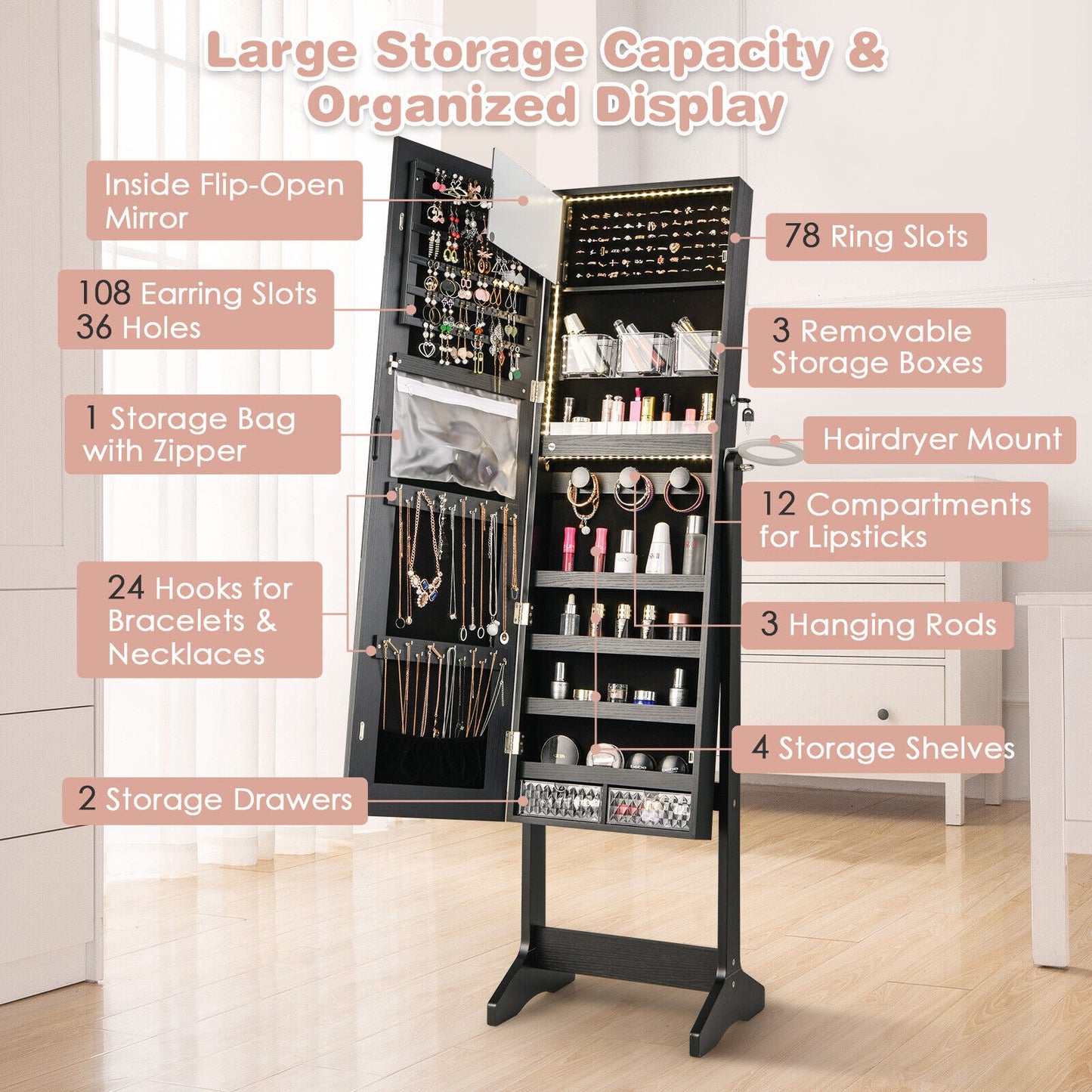 Freestanding Jewelry Armoire with Mirror, LED Lights and Lockable Storage – Black