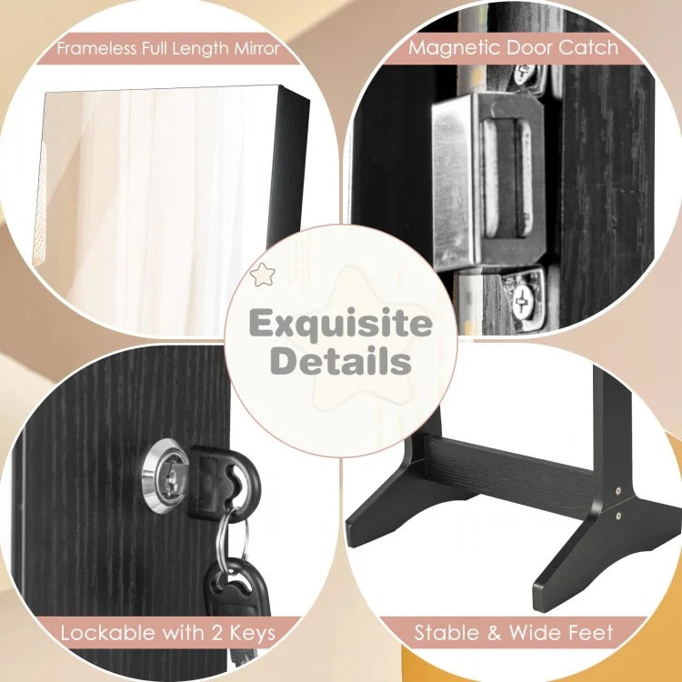 Freestanding Jewelry Armoire with Mirror, LED Lights and Lockable Storage – Black