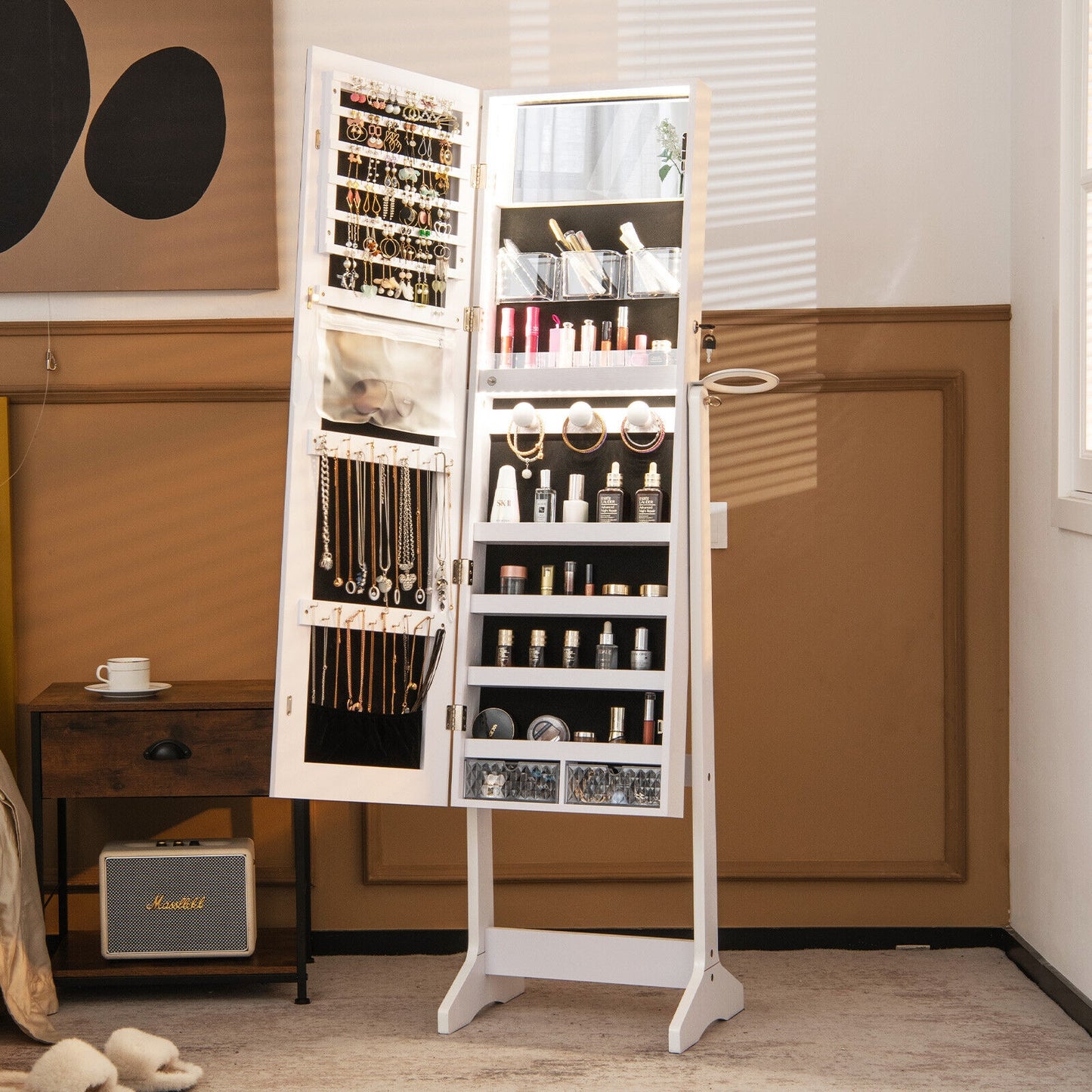 Freestanding Jewelry Armoire with Mirror, LED Lights and Lockable Storage – White