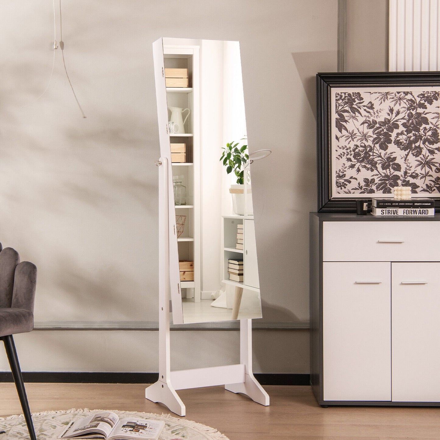 Freestanding Jewelry Armoire with Mirror, LED Lights and Lockable Storage – White