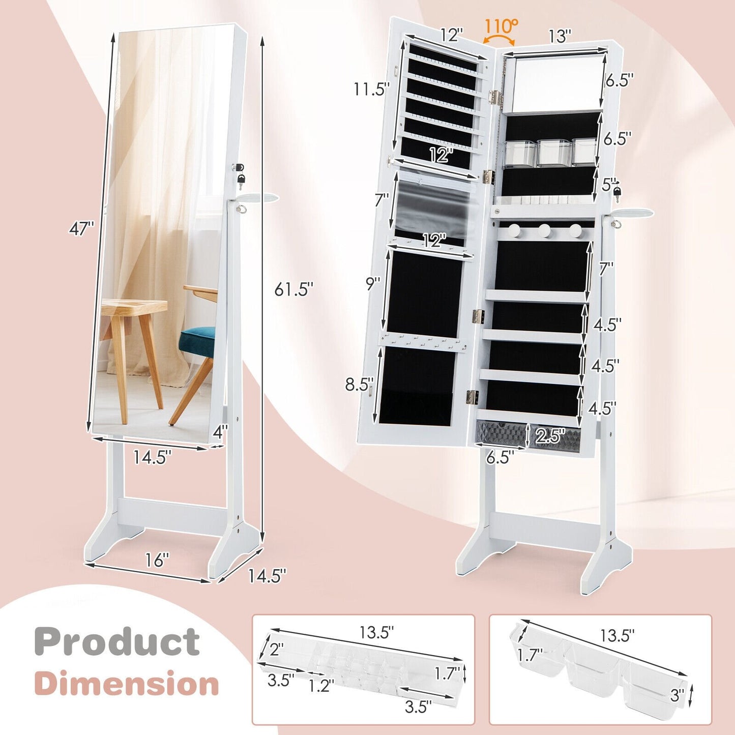 Freestanding Jewelry Armoire with Mirror, LED Lights and Lockable Storage – White