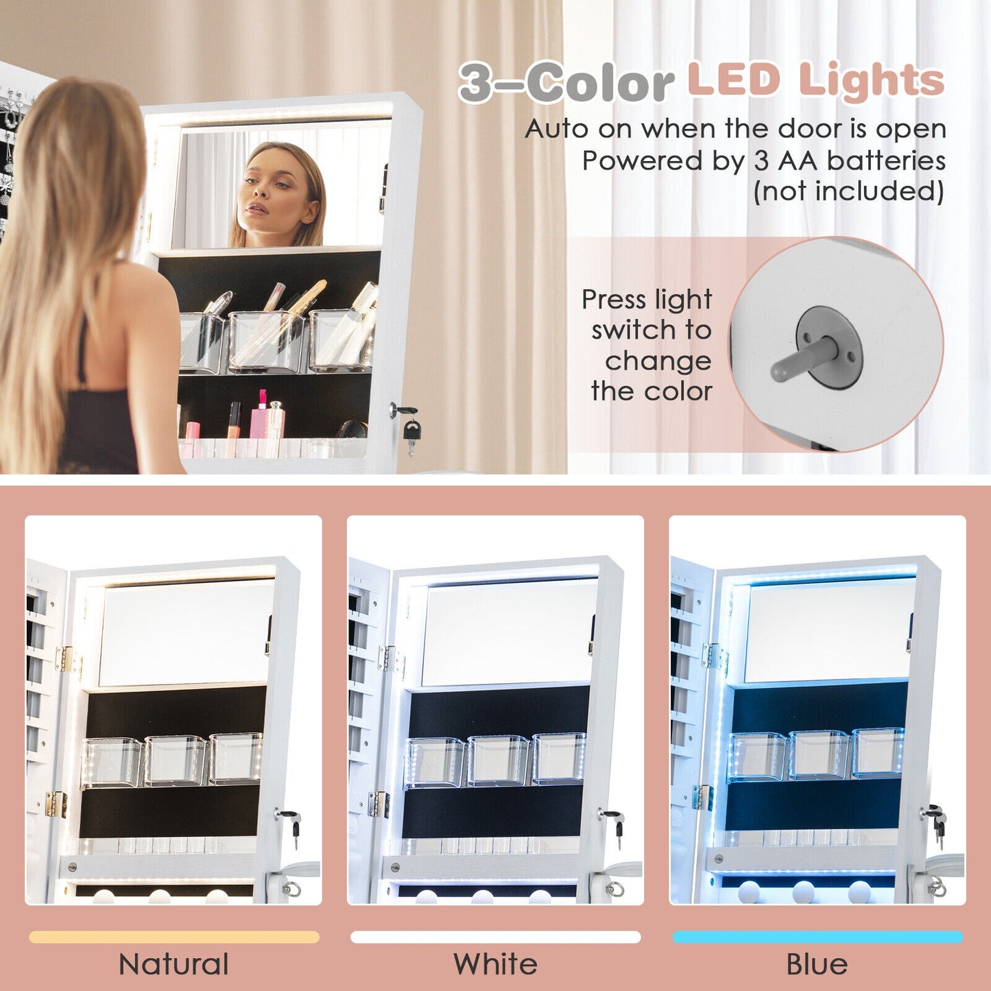 Freestanding Jewelry Armoire with Mirror, LED Lights and Lockable Storage – White