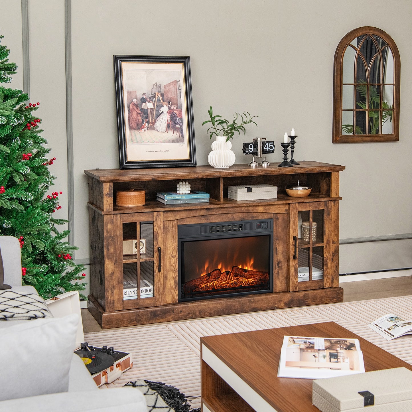 Entertainment Center with 1400W Electric Fireplace for TVs up to 65 Inches in Brown