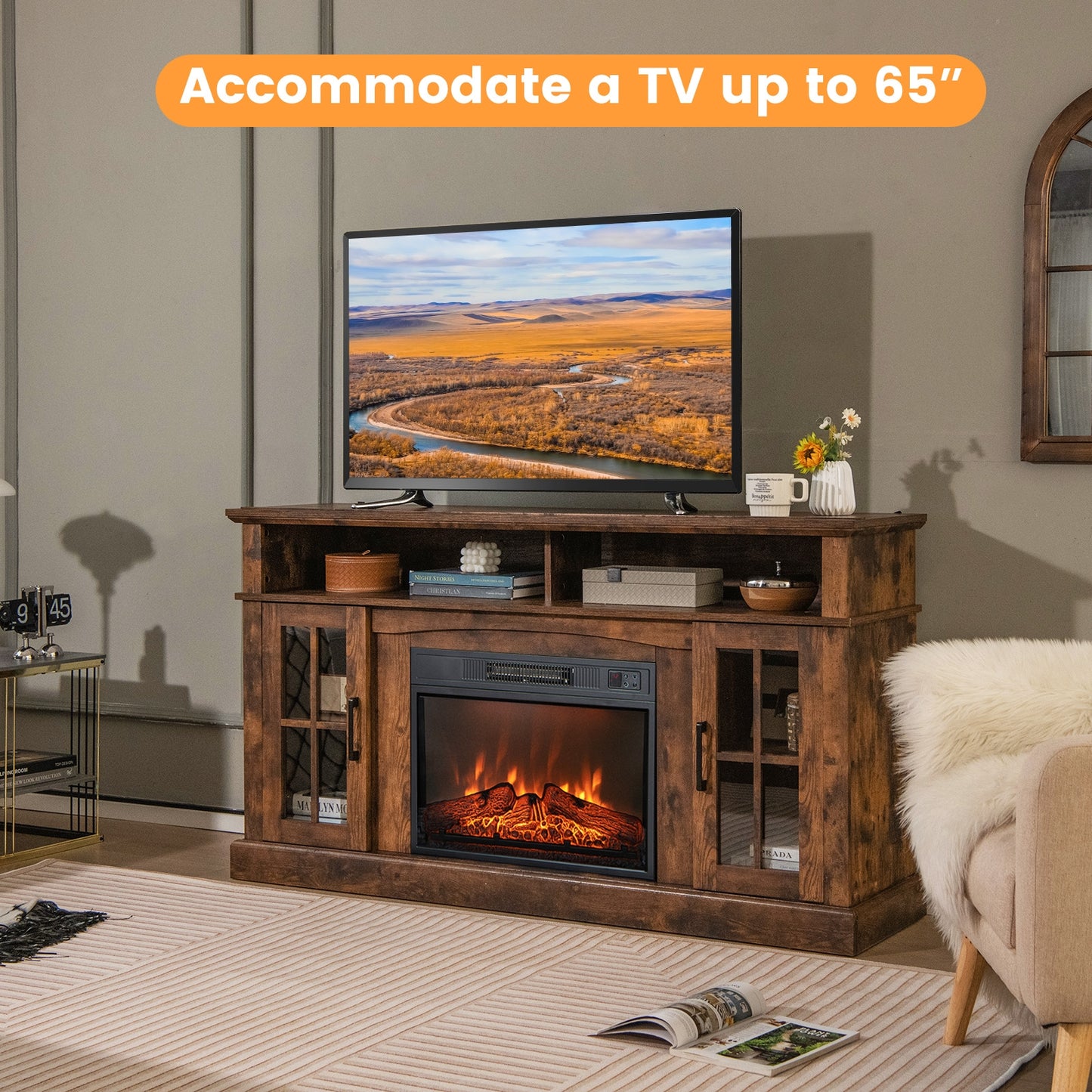 Entertainment Center with 1400W Electric Fireplace for TVs up to 65 Inches in Brown