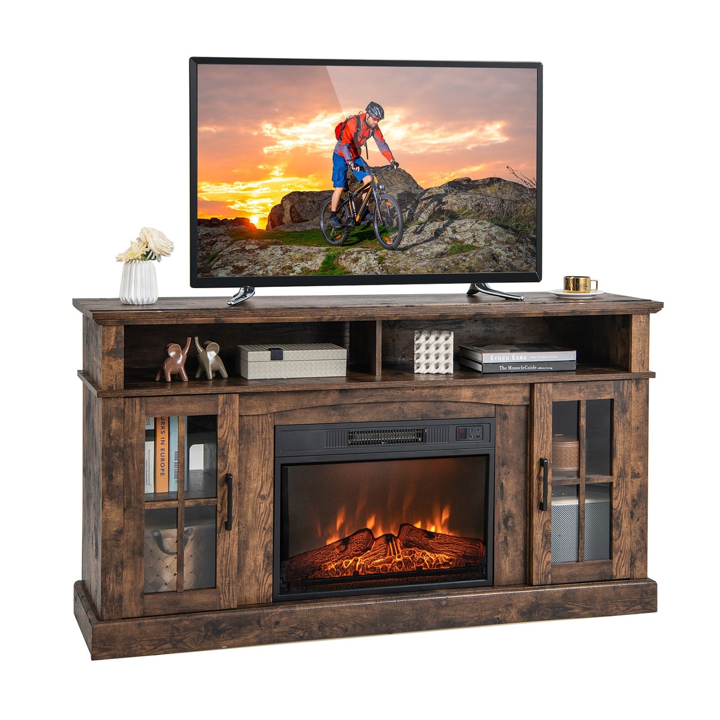 Entertainment Center with 1400W Electric Fireplace for TVs up to 65 Inches in Brown