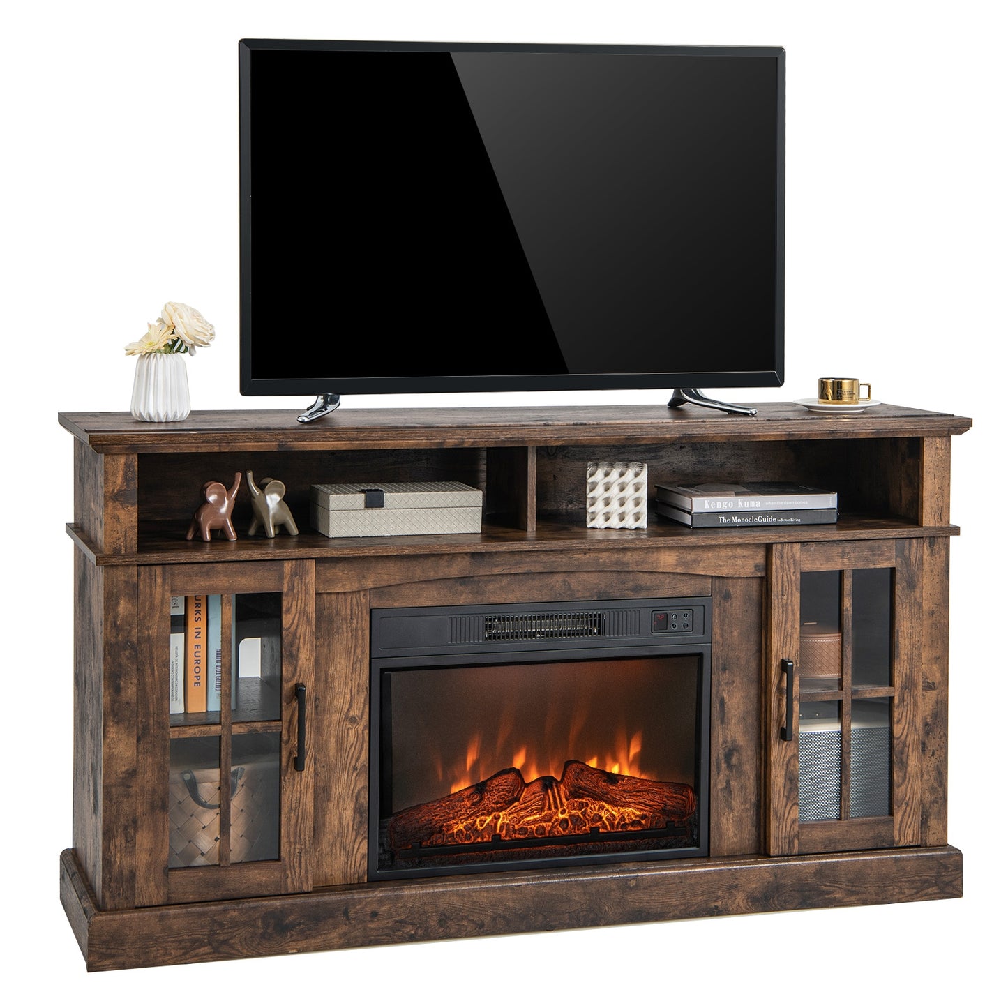 Entertainment Center with 1400W Electric Fireplace for TVs up to 65 Inches in Brown