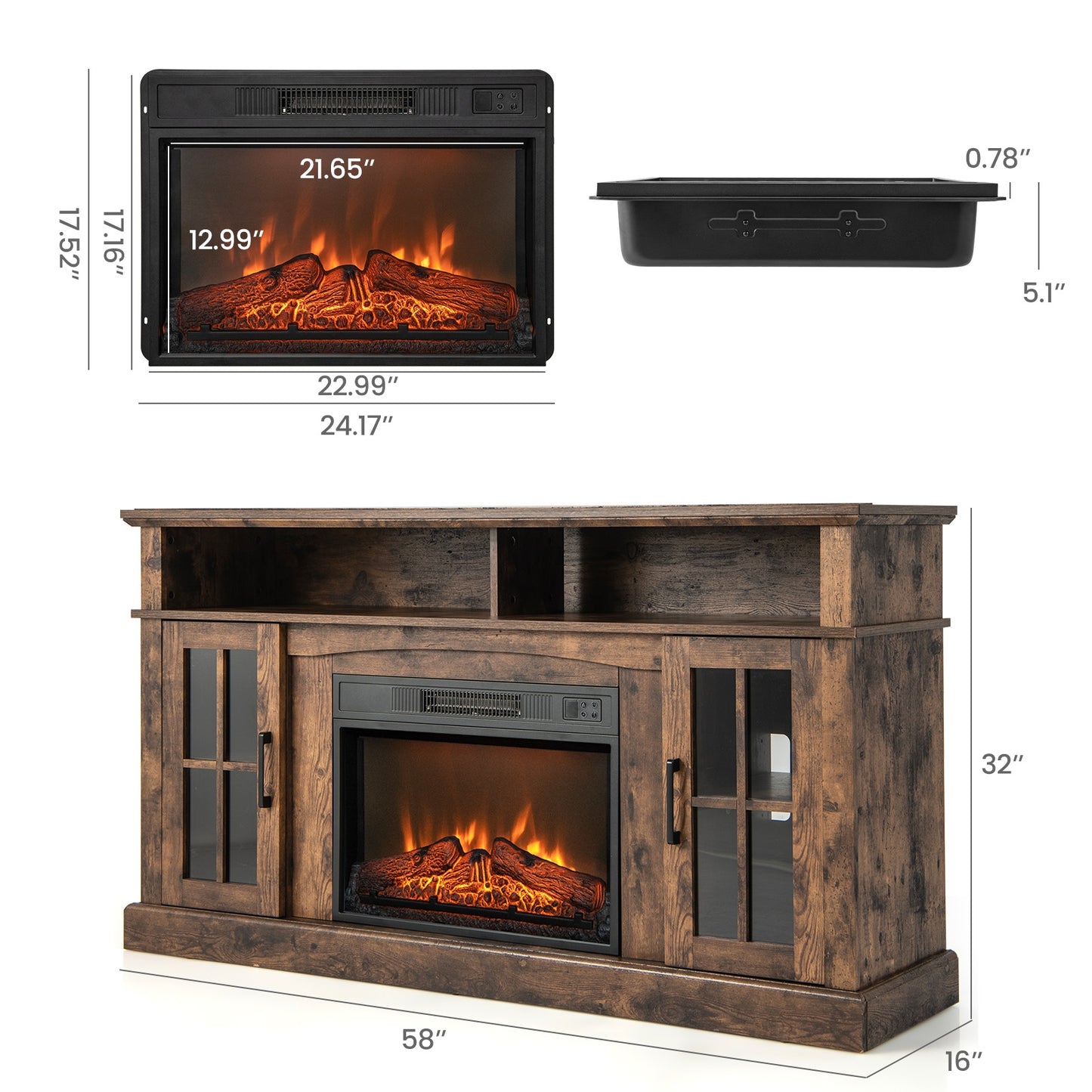 Entertainment Center with 1400W Electric Fireplace for TVs up to 65 Inches in Brown