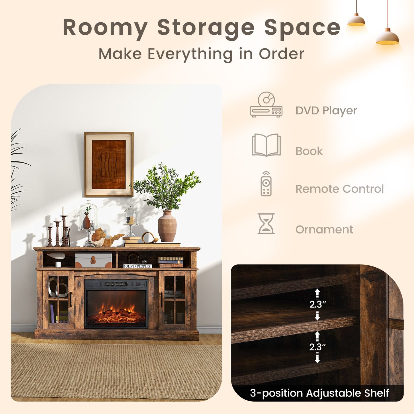 Entertainment Center with 1400W Electric Fireplace for TVs up to 65 Inches in Brown