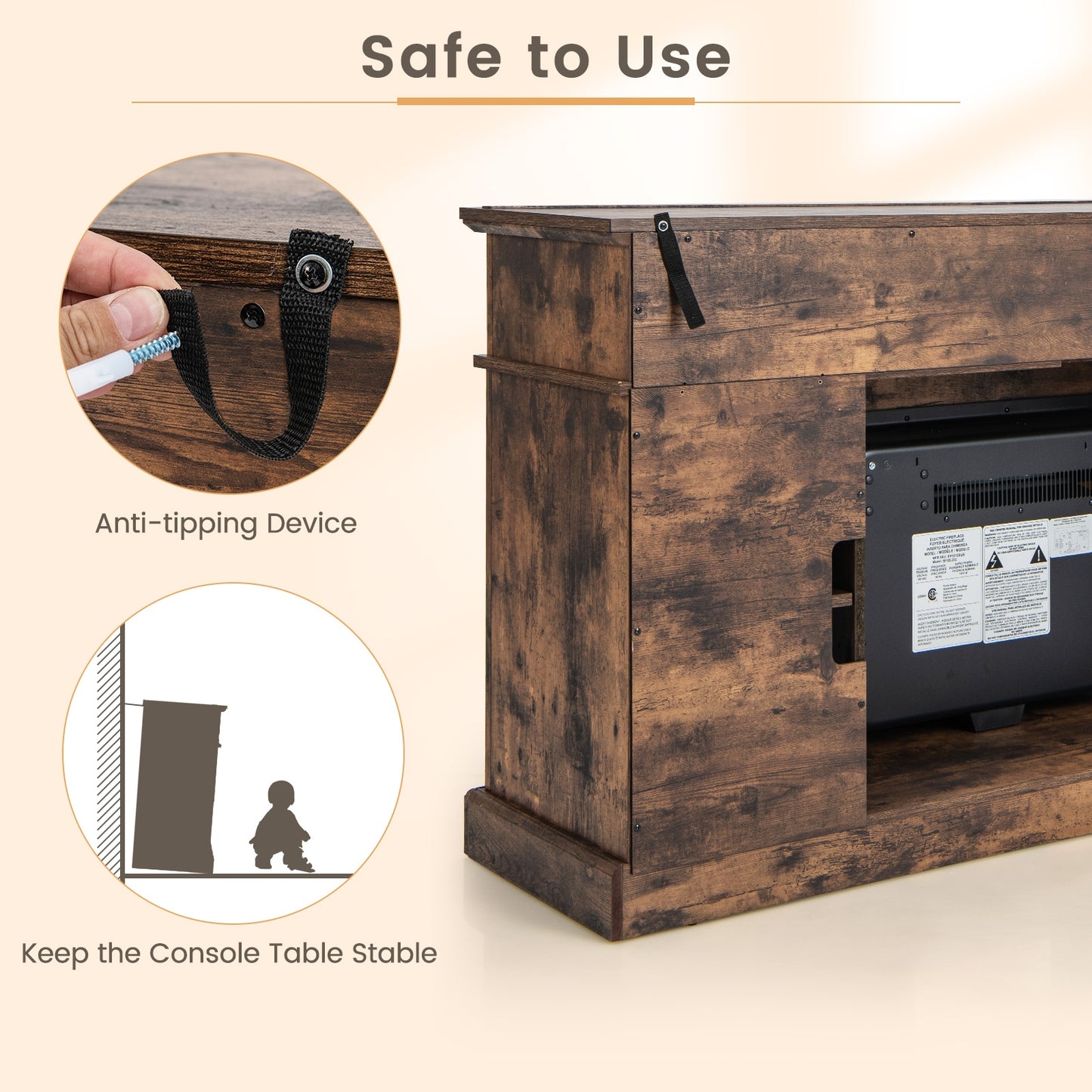Entertainment Center with 1400W Electric Fireplace for TVs up to 65 Inches in Brown