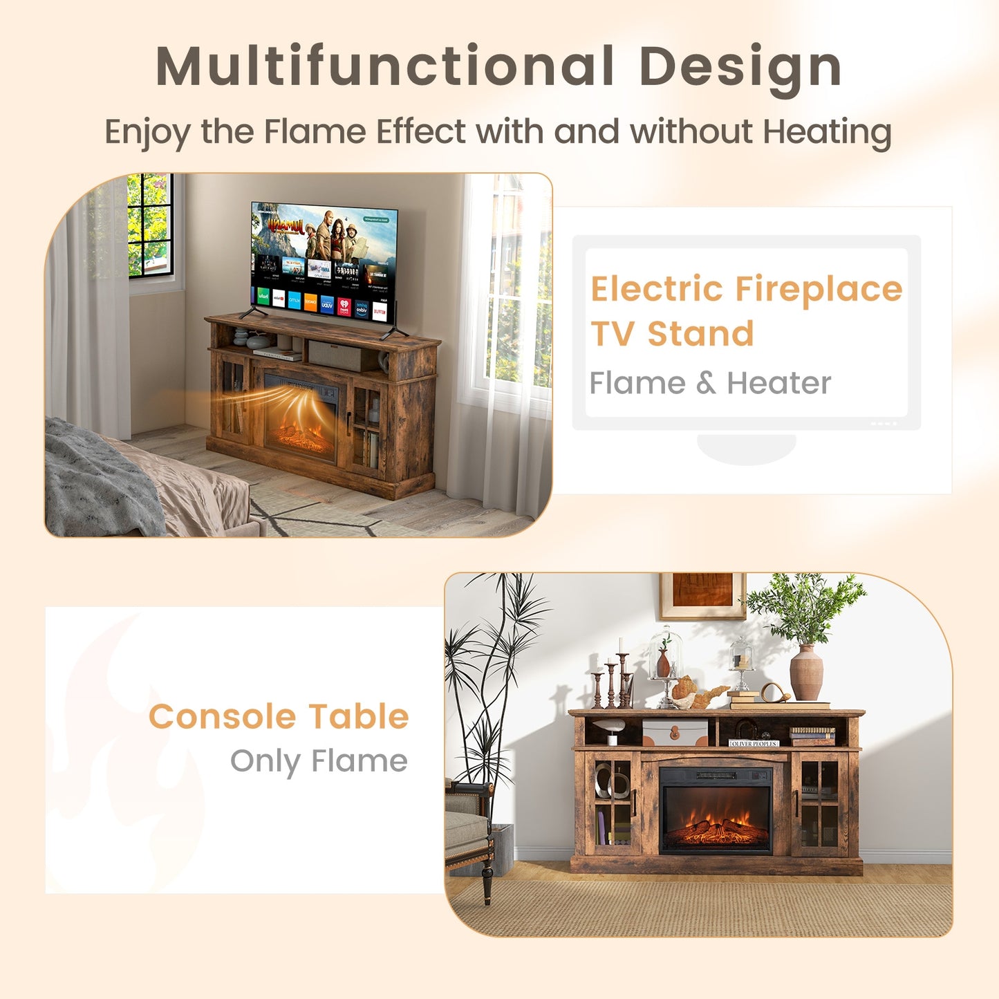 Entertainment Center with 1400W Electric Fireplace for TVs up to 65 Inches in Brown