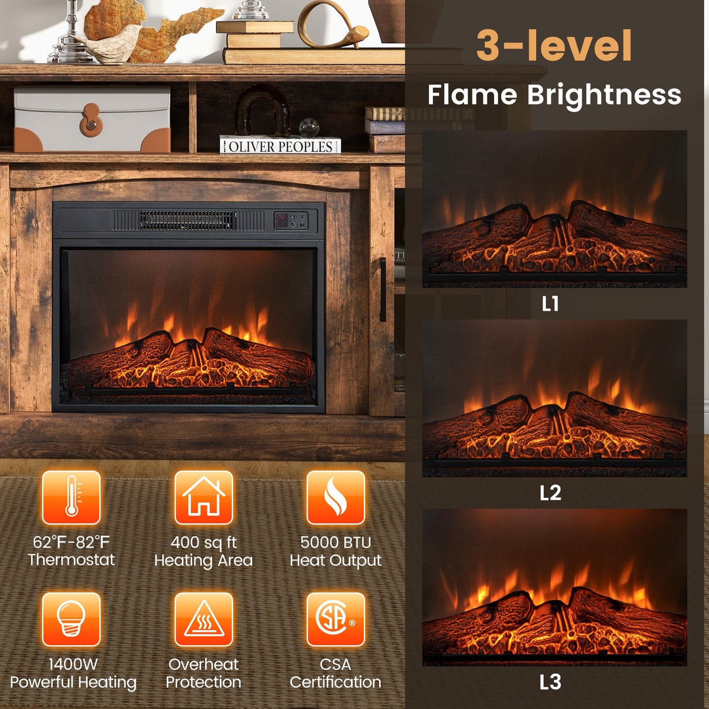 Entertainment Center with 1400W Electric Fireplace for TVs up to 65 Inches in Brown