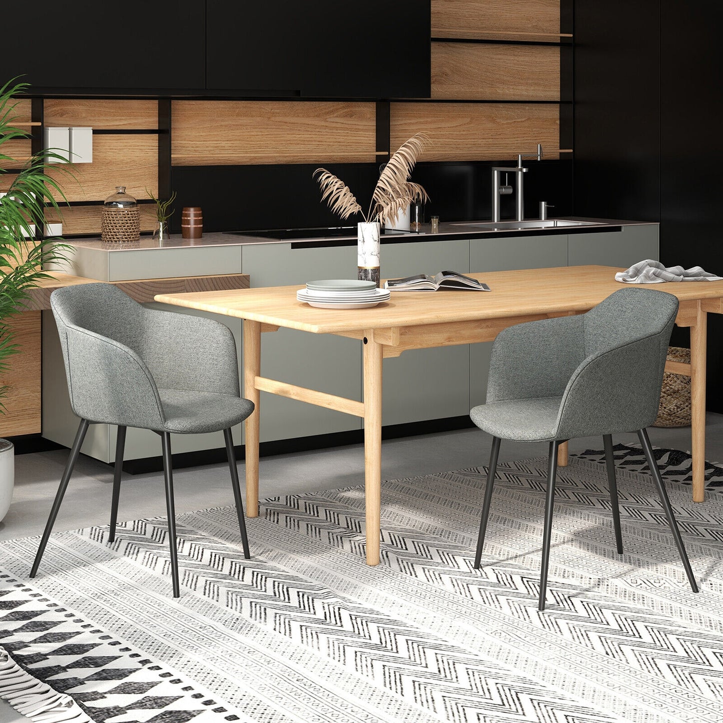 Upholstered Dining Chair with Ergonomic Backrest and Curved Armrests – Grey, Set of 2