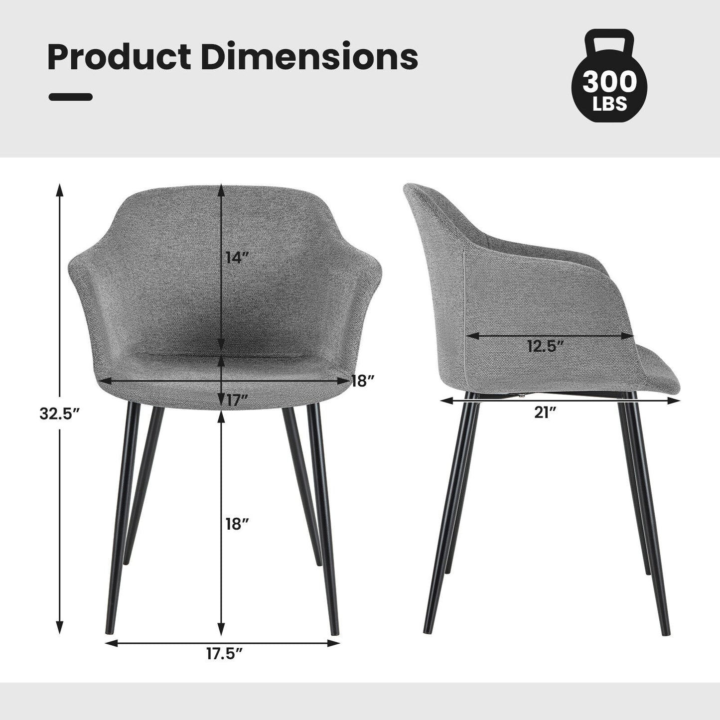 Upholstered Dining Chair with Ergonomic Backrest and Curved Armrests – Grey, Set of 2