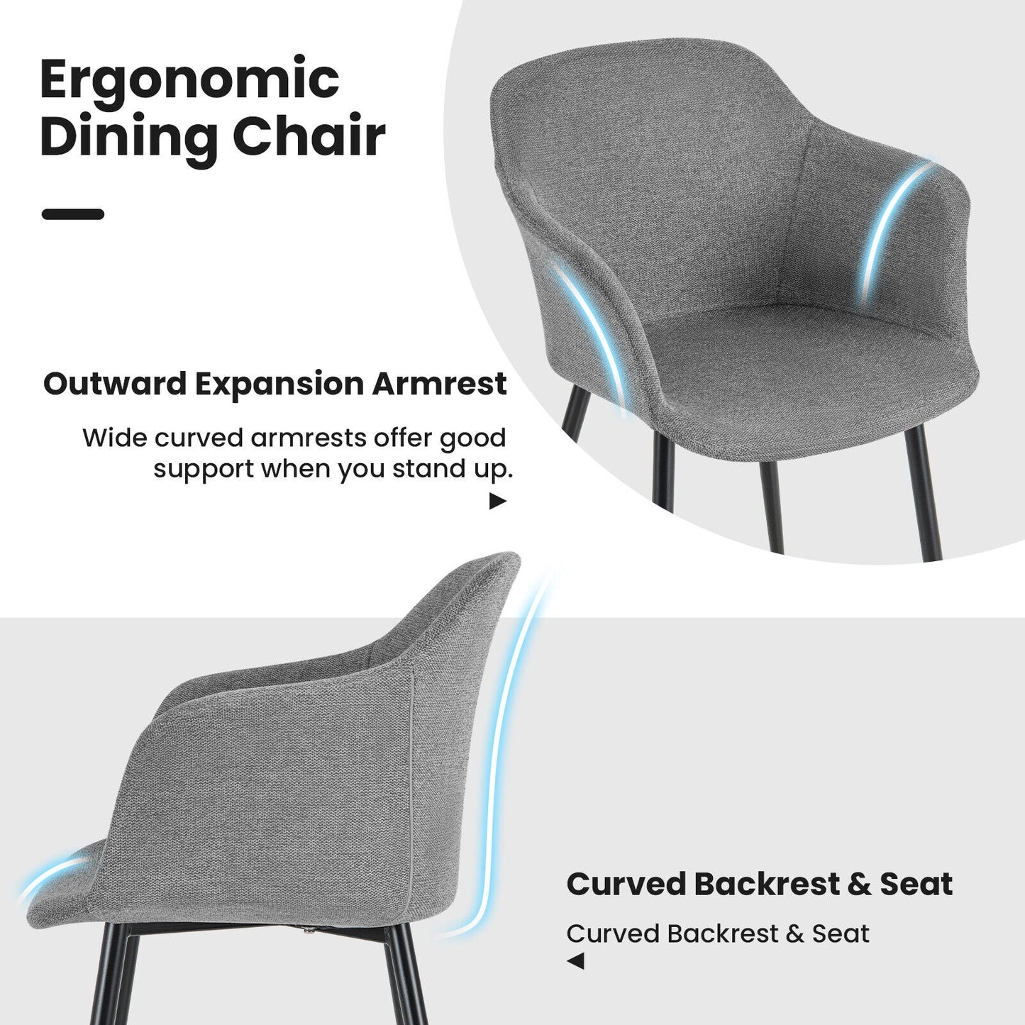 Upholstered Dining Chair with Ergonomic Backrest and Curved Armrests – Grey, Set of 2