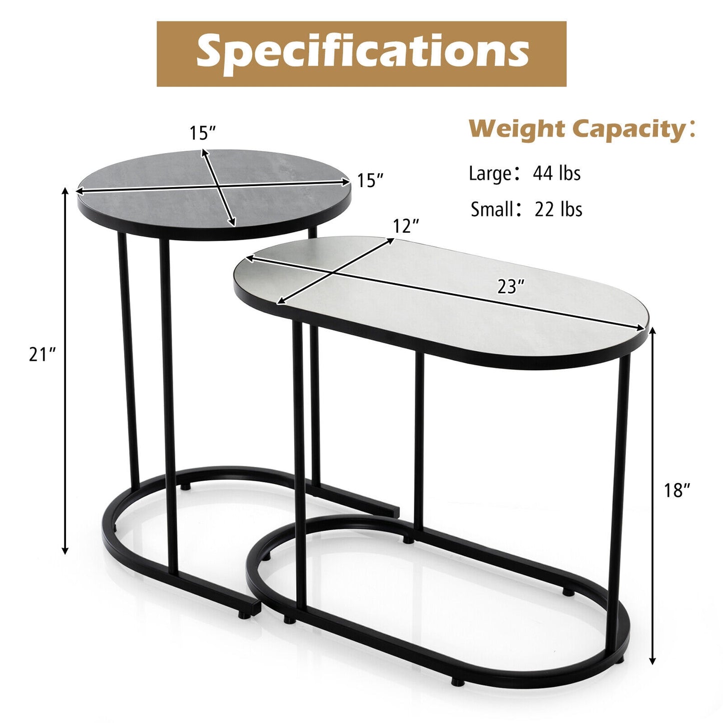 Modern 2 Piece Nesting Tea Table Set with Faux Marble Top and Metal Frame