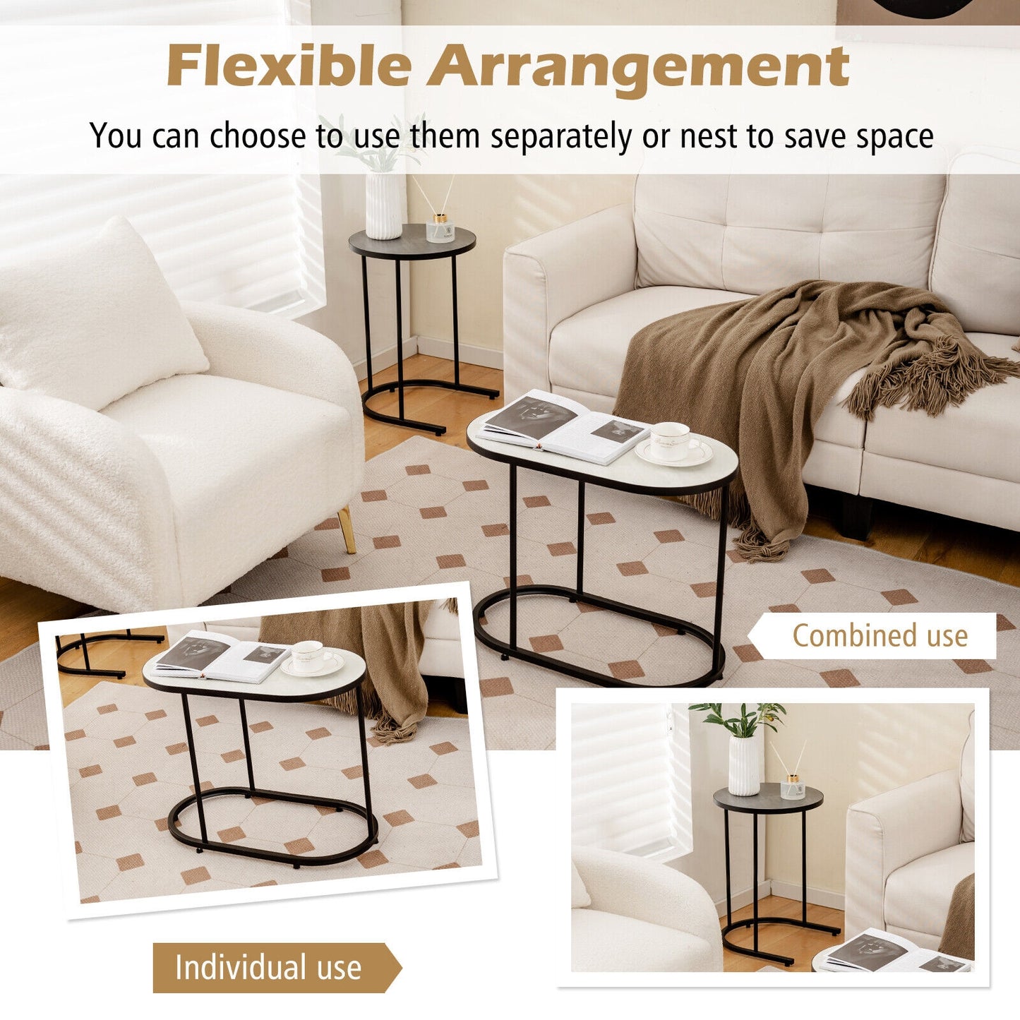 Modern 2 Piece Nesting Tea Table Set with Faux Marble Top and Metal Frame